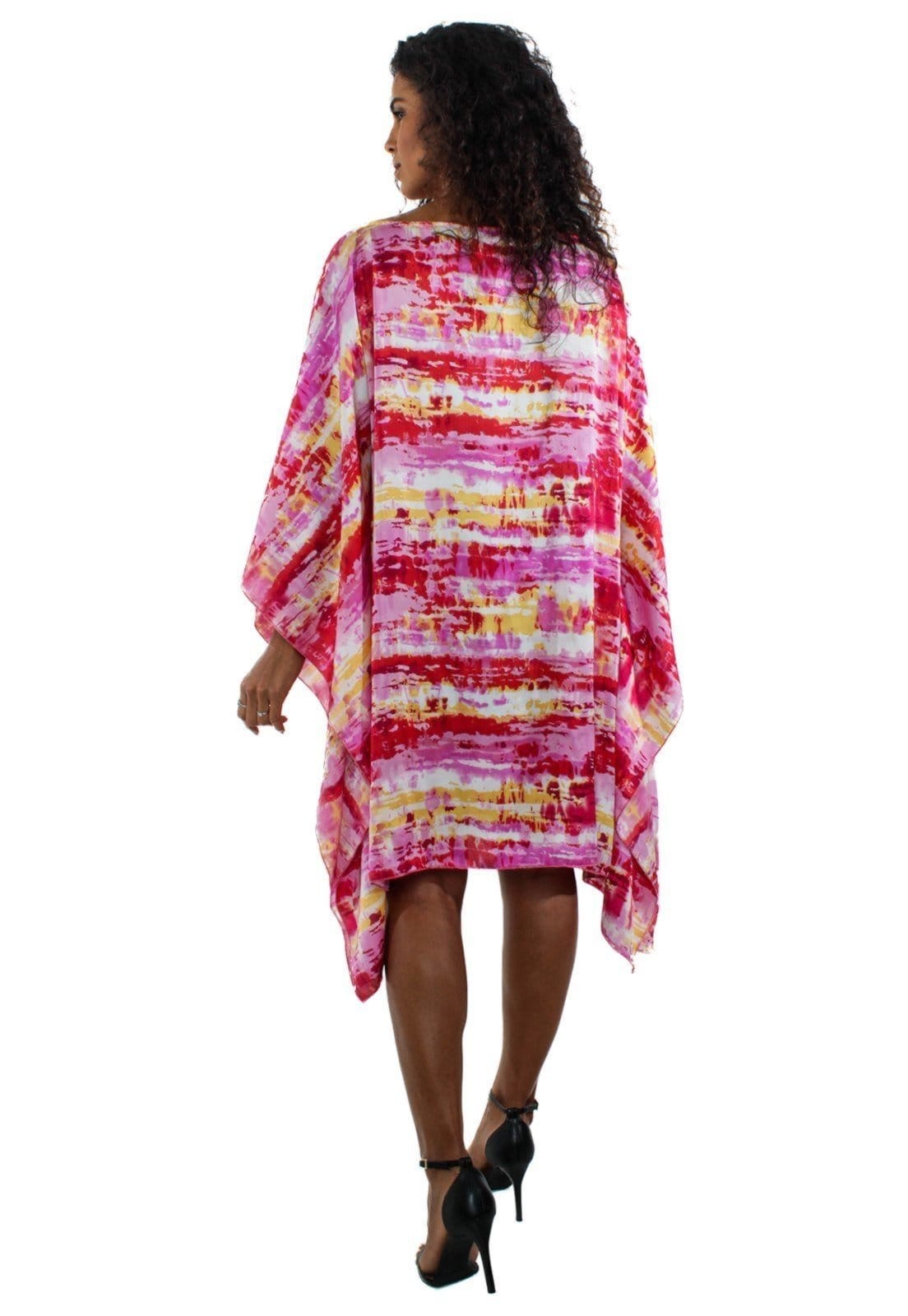 Vista 2 Vestido Kaftan Saída Amplo Crepe Acetinado Estampado Manchado Rosa 101 Resort Wear vermelho rosa