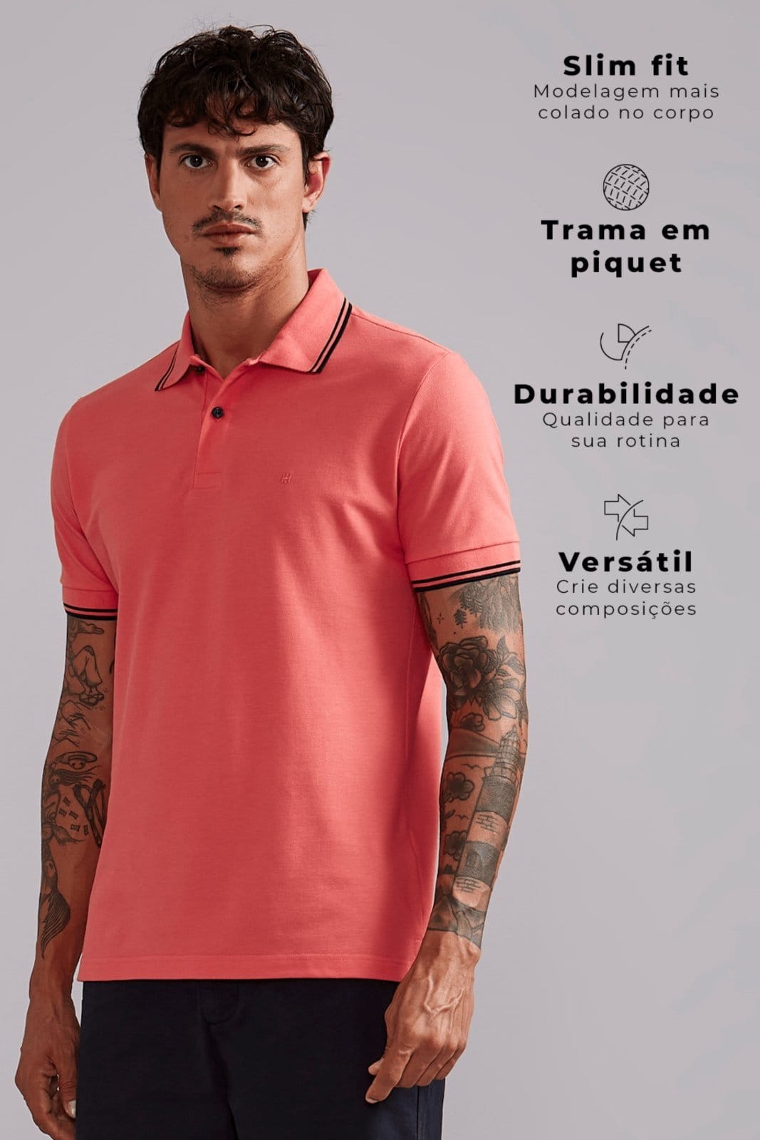 Vista 2 HIGHSTIL Polo Manga Curta Piquet Básica Slim Fit - Rosa Salmão HIGHSTIL laranja rosa