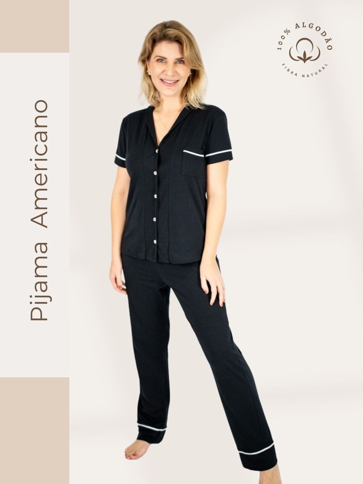 Pijama Algodão Americano Feminino Camisa Manga Curta com Calça