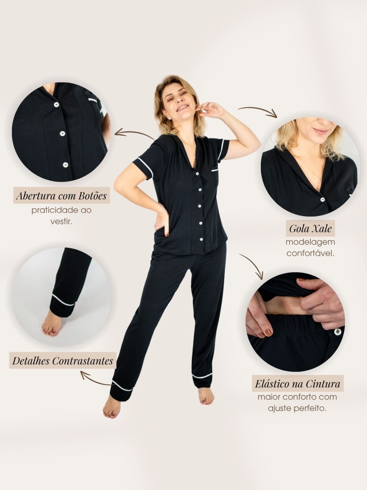 Vista 2 Pijama Algodão Americano Feminino Camisa Manga Curta com Calça Piante preto