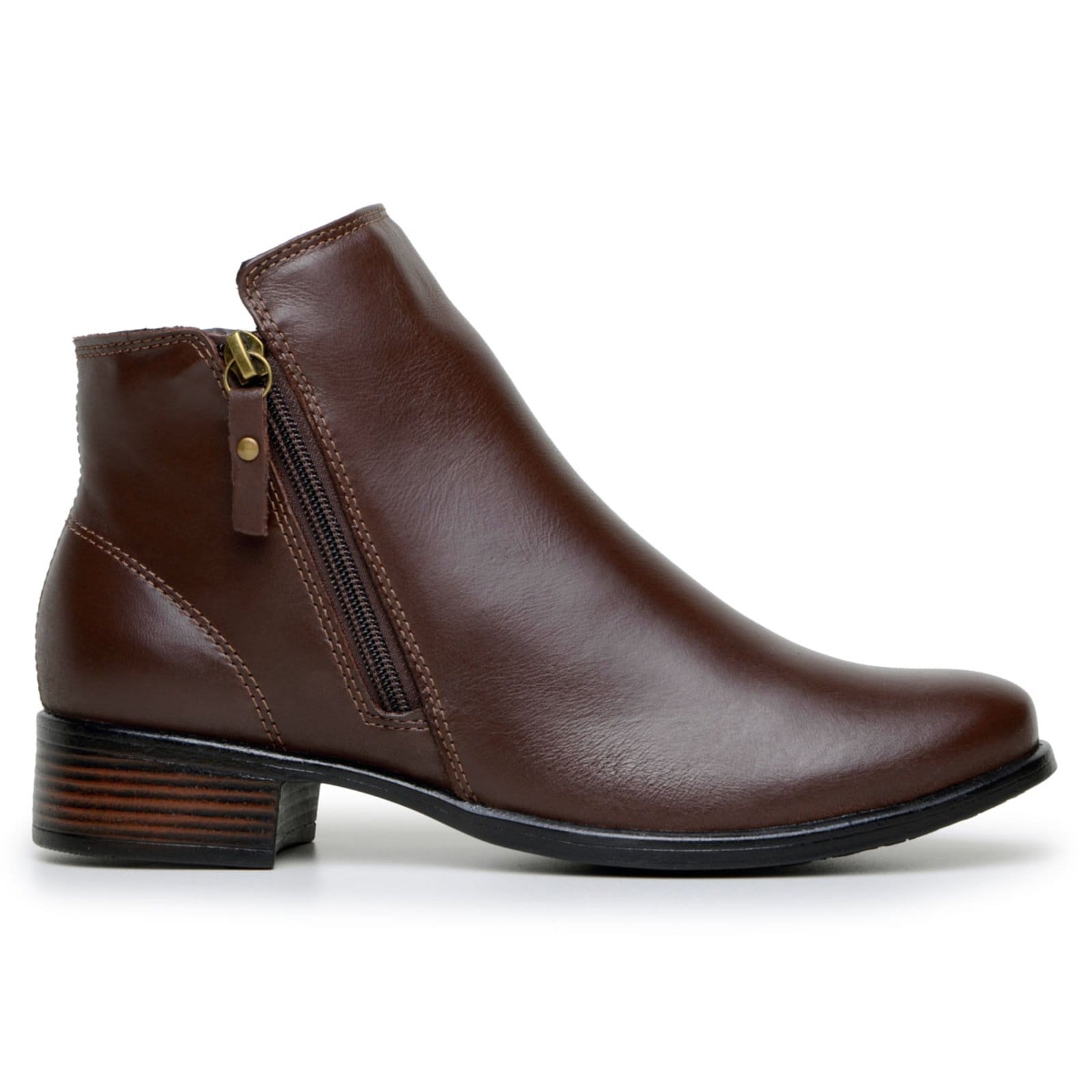 Bota Snikgreen Botinha Couro Legitimo Marrom Cano Curto Salto Baixo Confortável