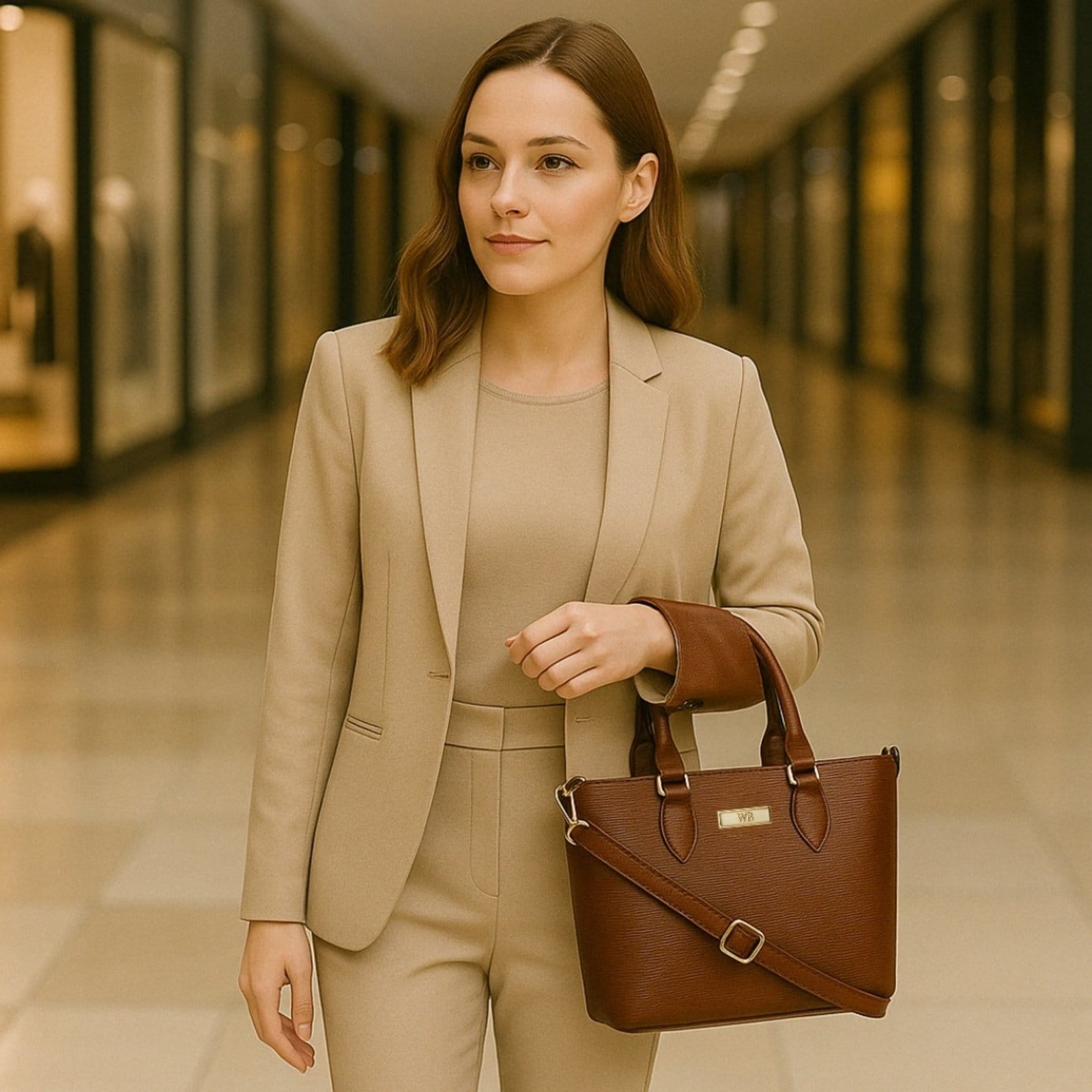 Bolsa Tote Estruturada Transversal Regulável Com alça Removível de Mão- Caramelo