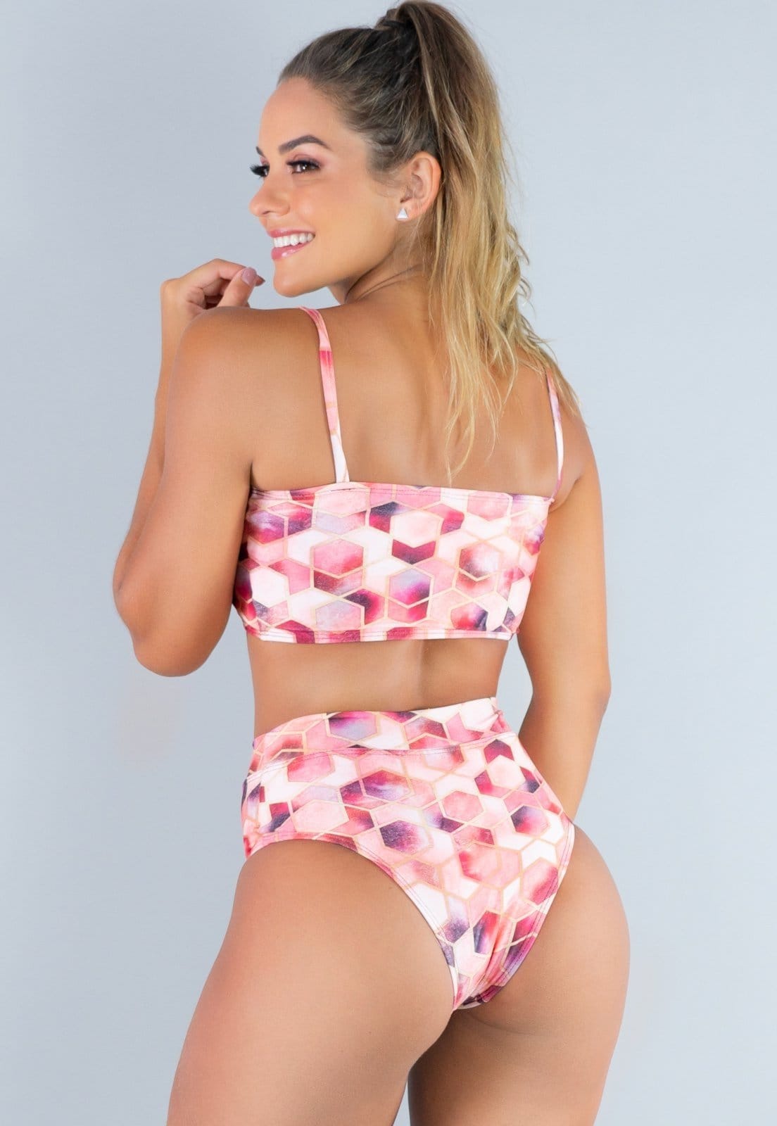 Vista 2 Biquíni MVB Modas Hot Pants Cintura Alta Top Faixa com Alça Quartzo Mvb Modas coral/multicolorido