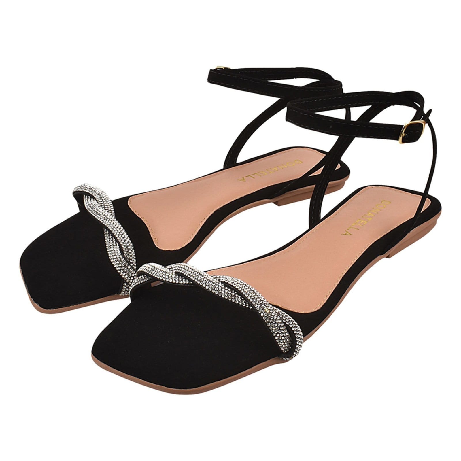 Vista 2 Sandália Rasteira Feminina Donatella Shoes Bico Quadrado Rasteirinha Trançada Brilho Strass Camurça Monte Shoes preto