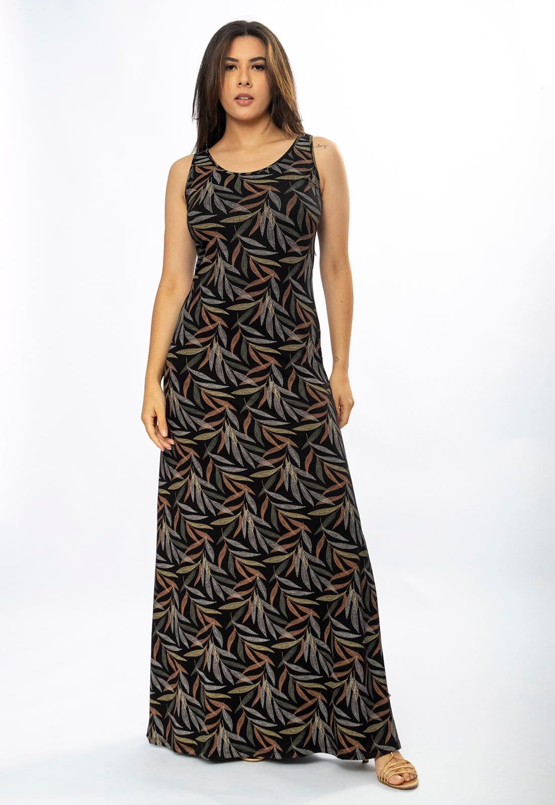 Vestido Longo Cabanafree Butiá Malha Regata Estampa Folhagem