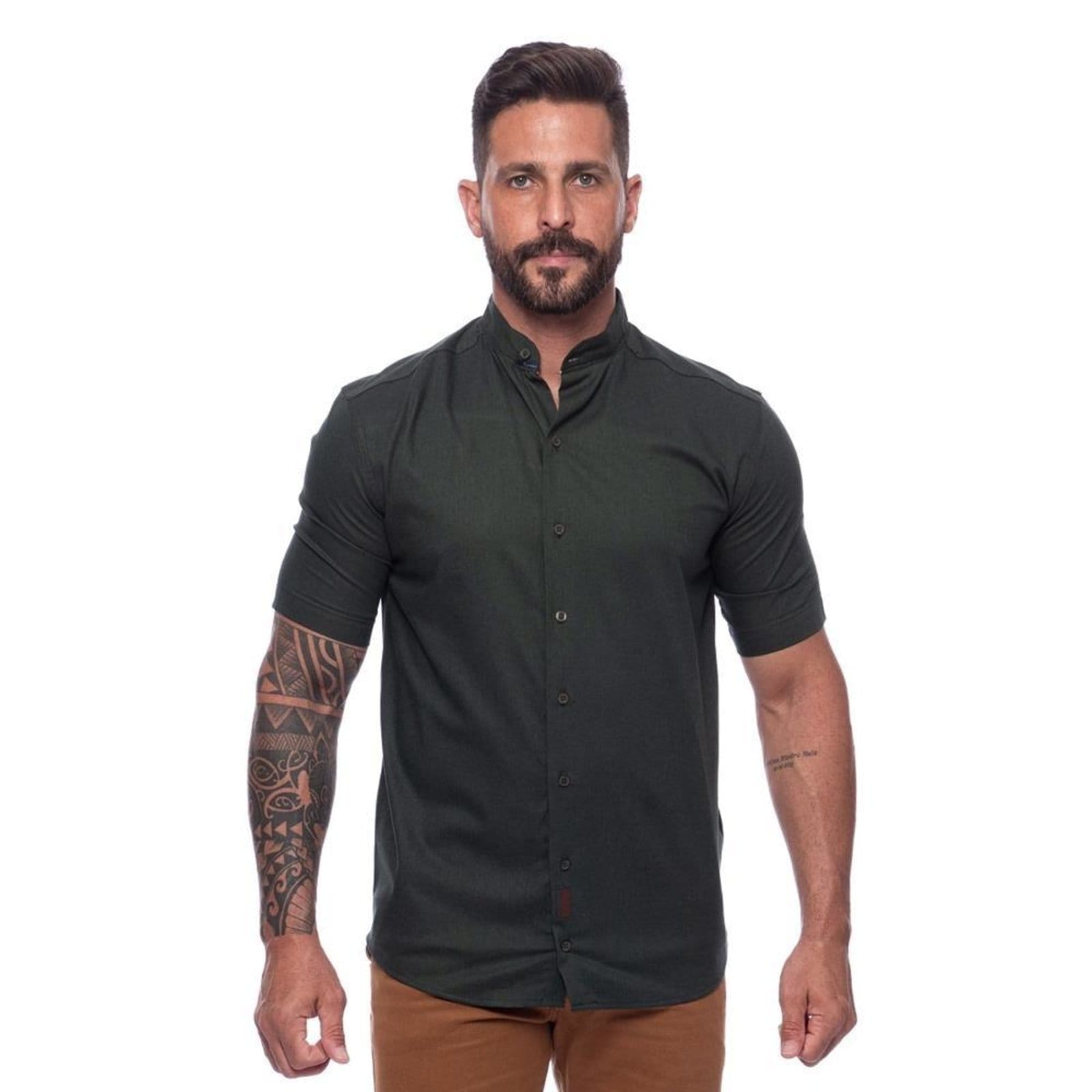 Camisa Masculina Linho Manga Curta Gola Padre Lisa Casual Azul Claro Verde