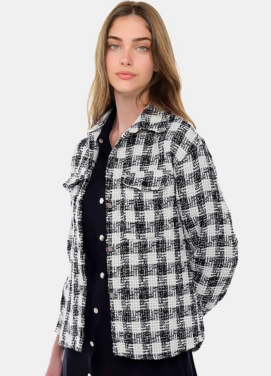 Jaqueta Xadrez Preta Feminina de Lã Tweed com Bolsos