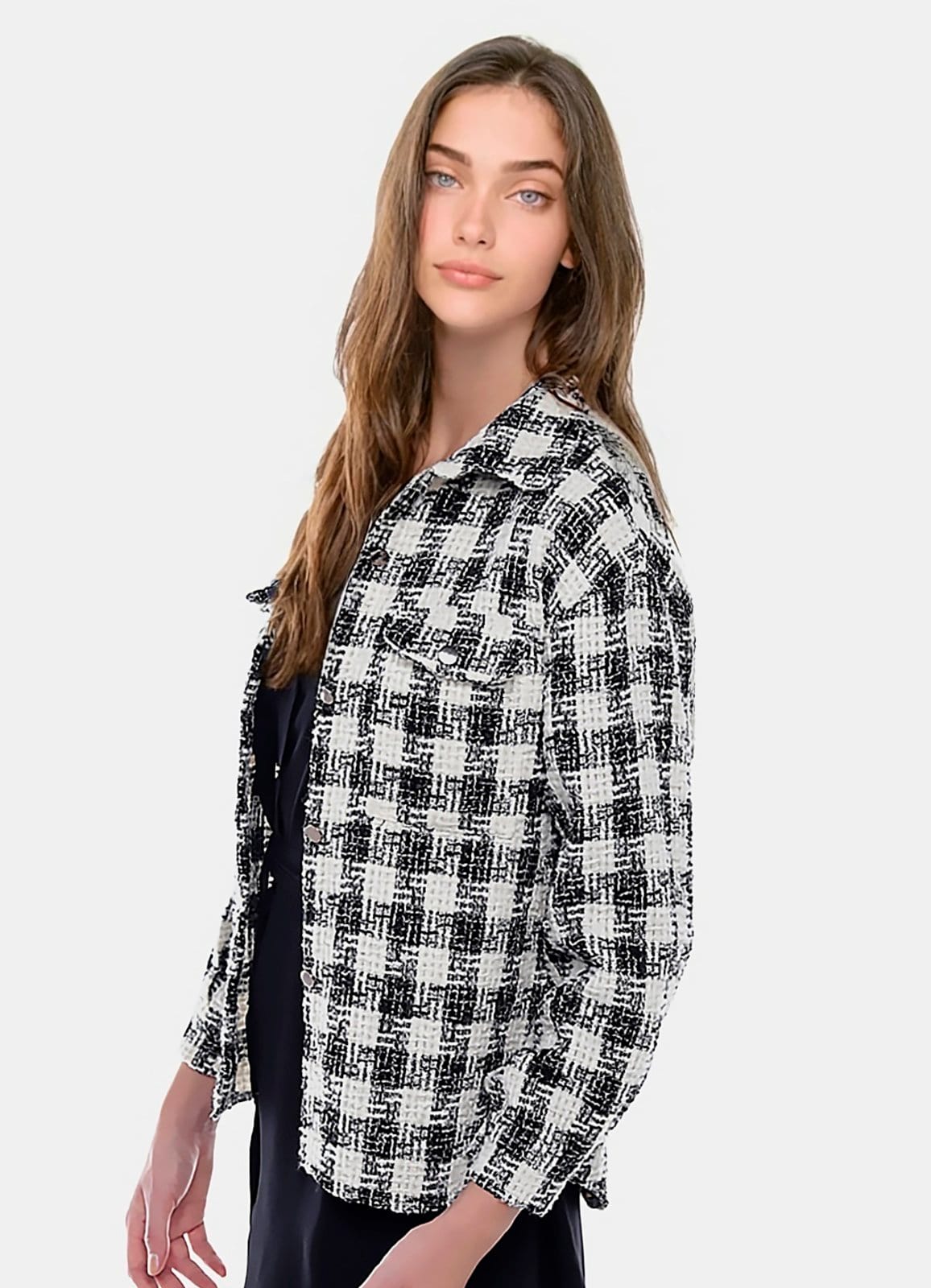 Vista 2 Jaqueta Xadrez Preta Feminina de Lã Tweed com Bolsos SOB preto