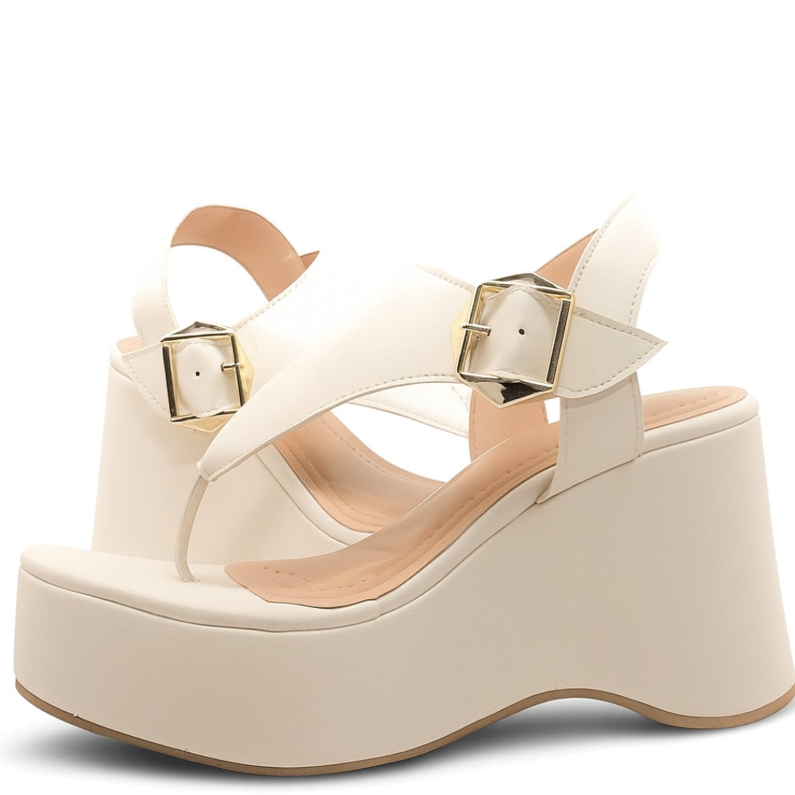 Vista 2 Sandália Anabela Fivela Lateral 9002 Off White Flor da Pele off-white white