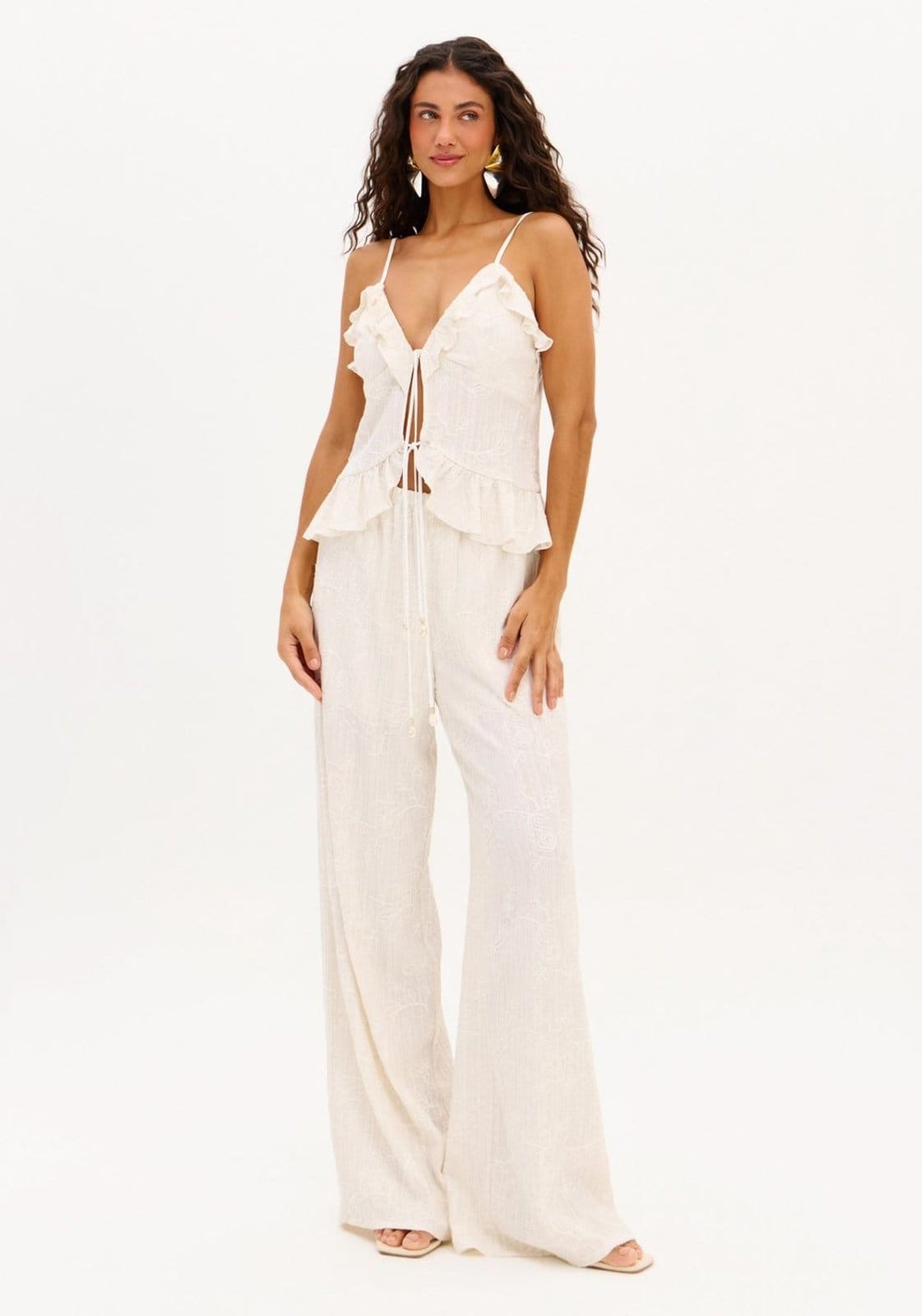 Calça Full Length Com Linho Bordado