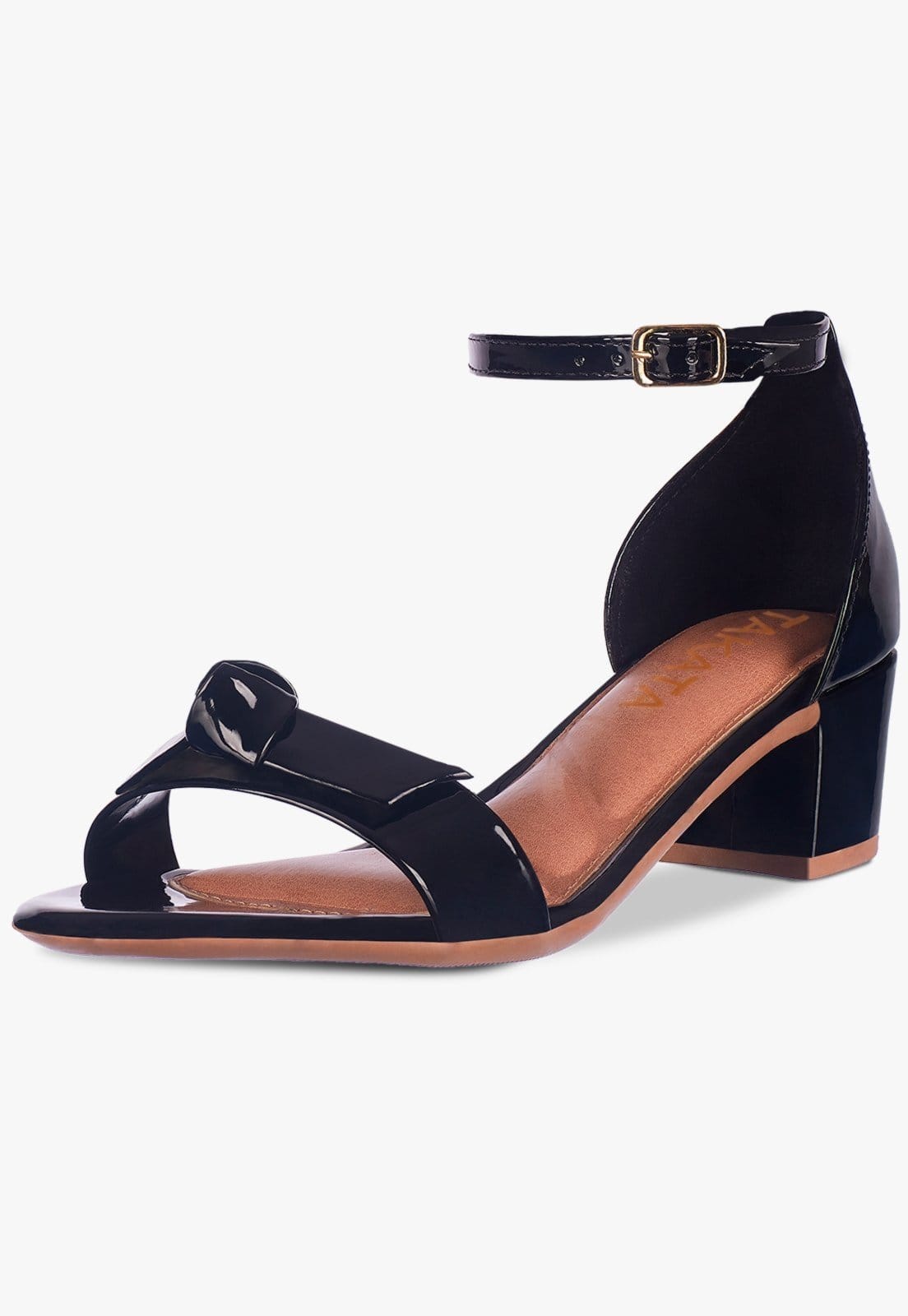 Sandália Feminina Salto Quadrado Grosso Bloco Baixo Laço Nó Verniz Confortável Sapato Festa elegante