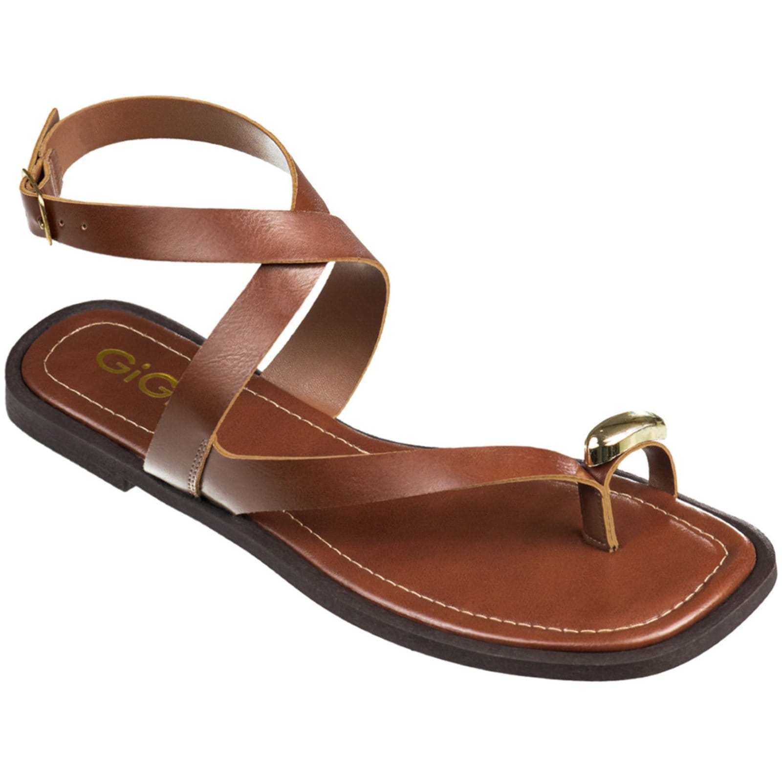 Vista 2 Sandália Rasteira Feminina GiGiL Tiras Cruzadas Detalhe Metalizado Ring ToeCaramelo Gigil caramelo/marrom
