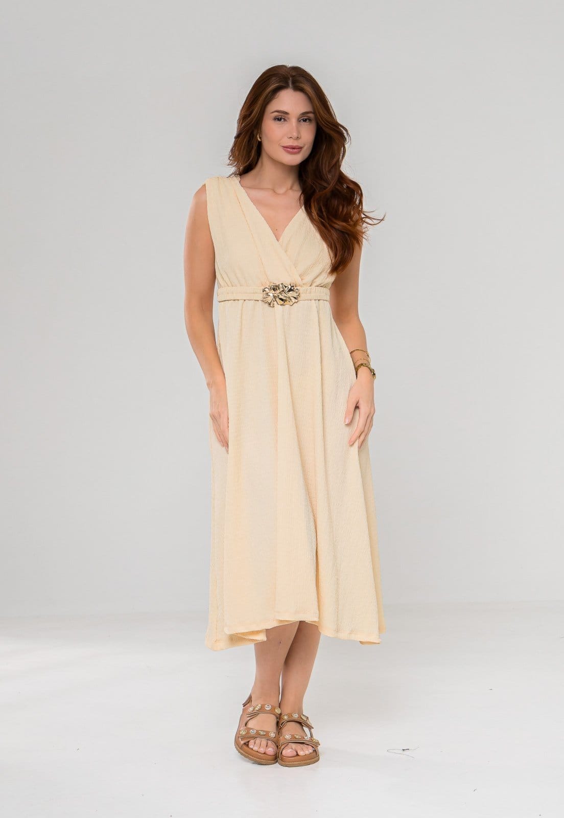 Vestido Aura Eva Cinto Malha Creponada Off