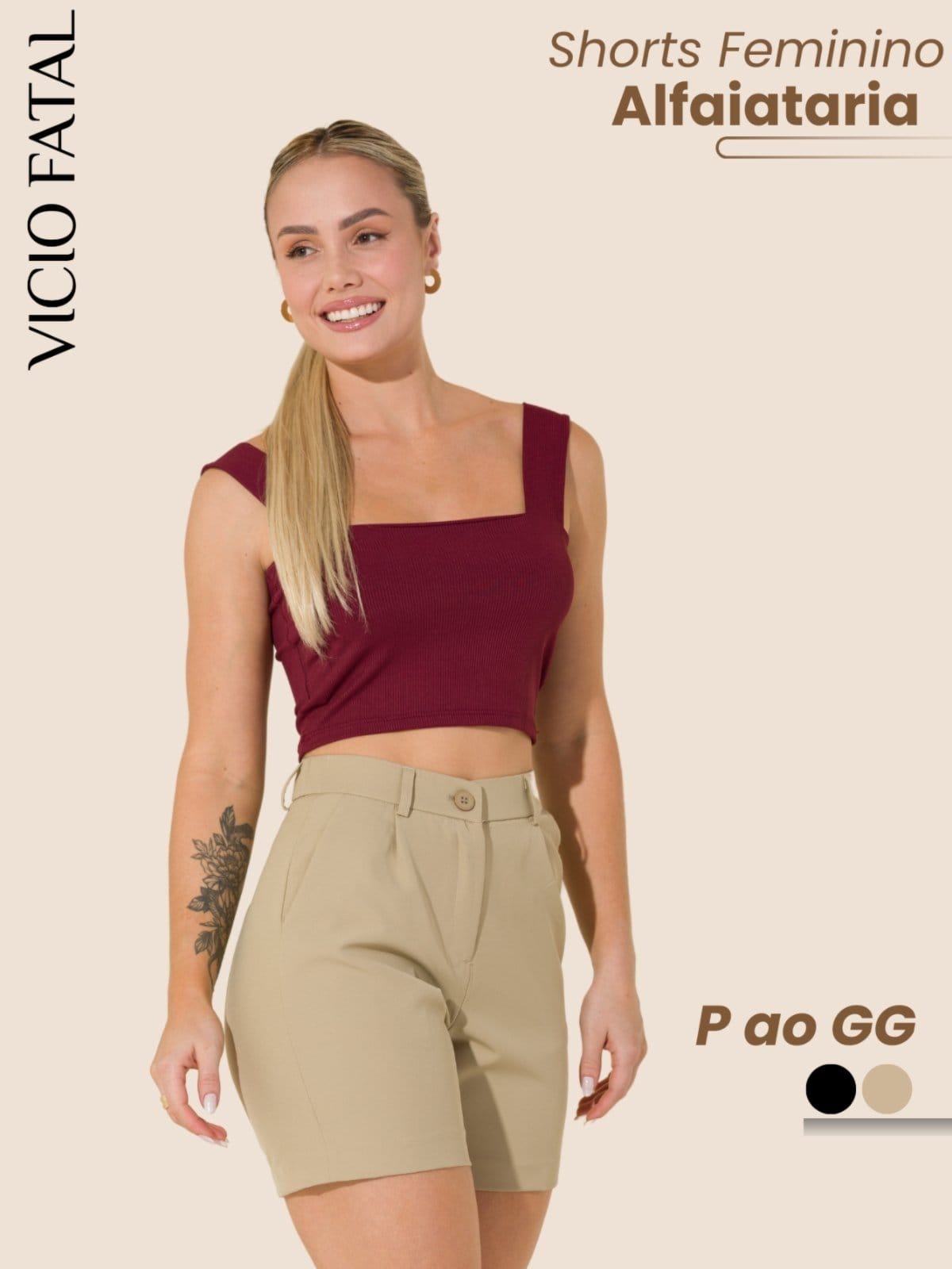 Vista principal Shorts Feminino de Alfaiataria com Bolsos Frontais e Traseiros Cintura Alta Vicio Fatal bege