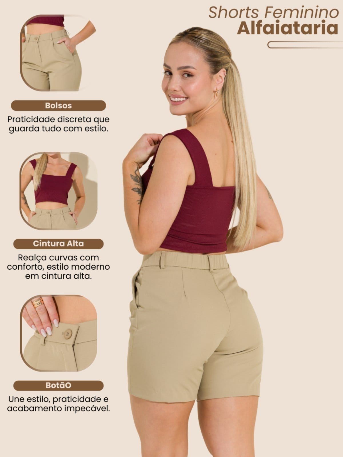 Vista 2 Shorts Feminino de Alfaiataria com Bolsos Frontais e Traseiros Cintura Alta Vicio Fatal bege
