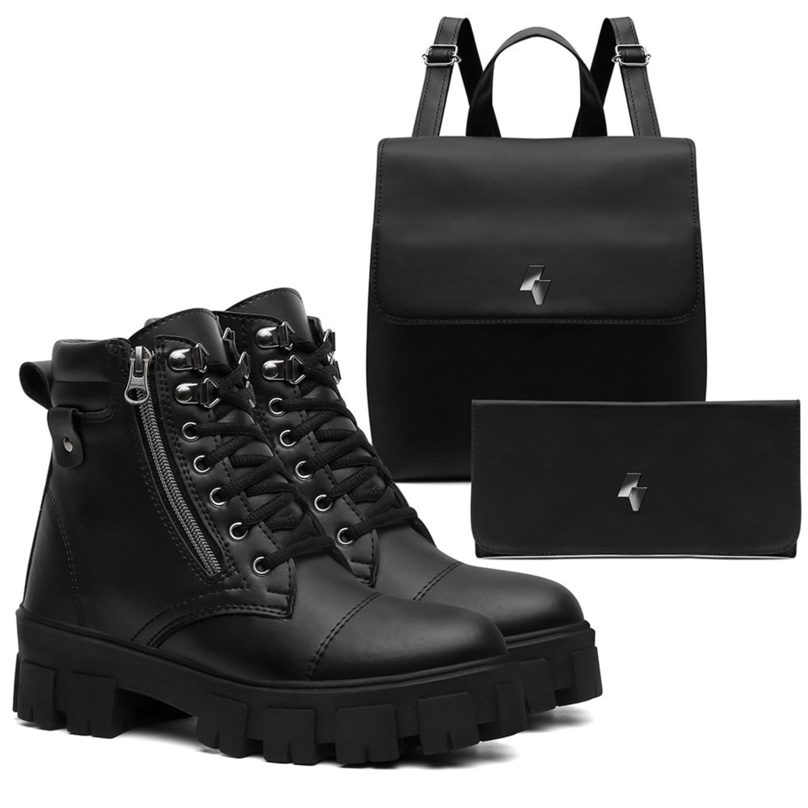 Vista principal Kit Bota Feminina Cano Curto Anna Andrade Coturno Tratorado Militar Casual Bolsa e Carteira Anna Andrade preto