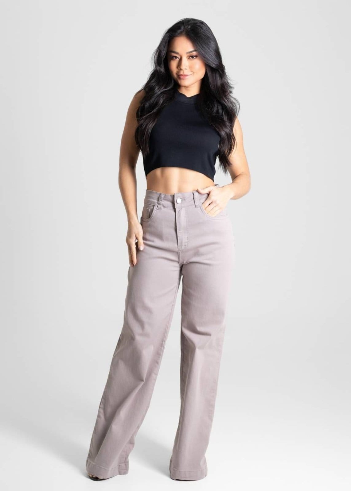 Vista 2 Calça Sarja Sawary Wide Leg - 280472 Sawary bege