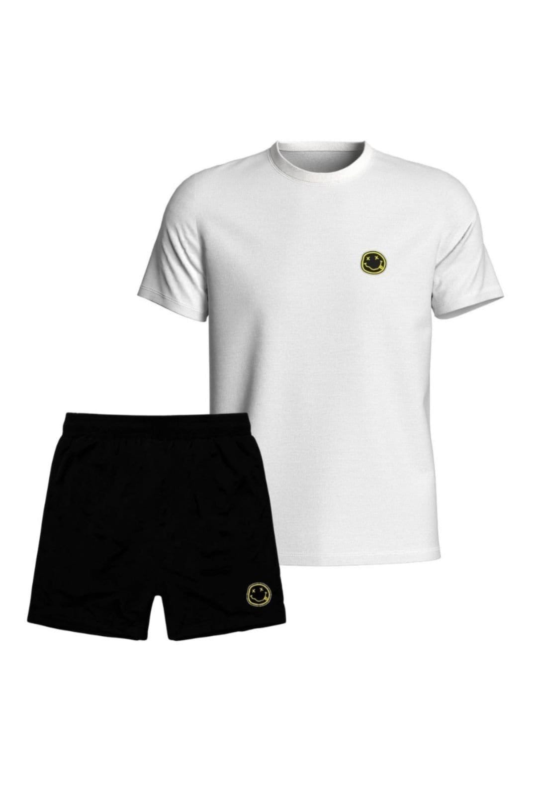 Kit Masculino Camiseta Branca Algodão Short Tactel Relaxado Conjunto Adulto Casual Emoji