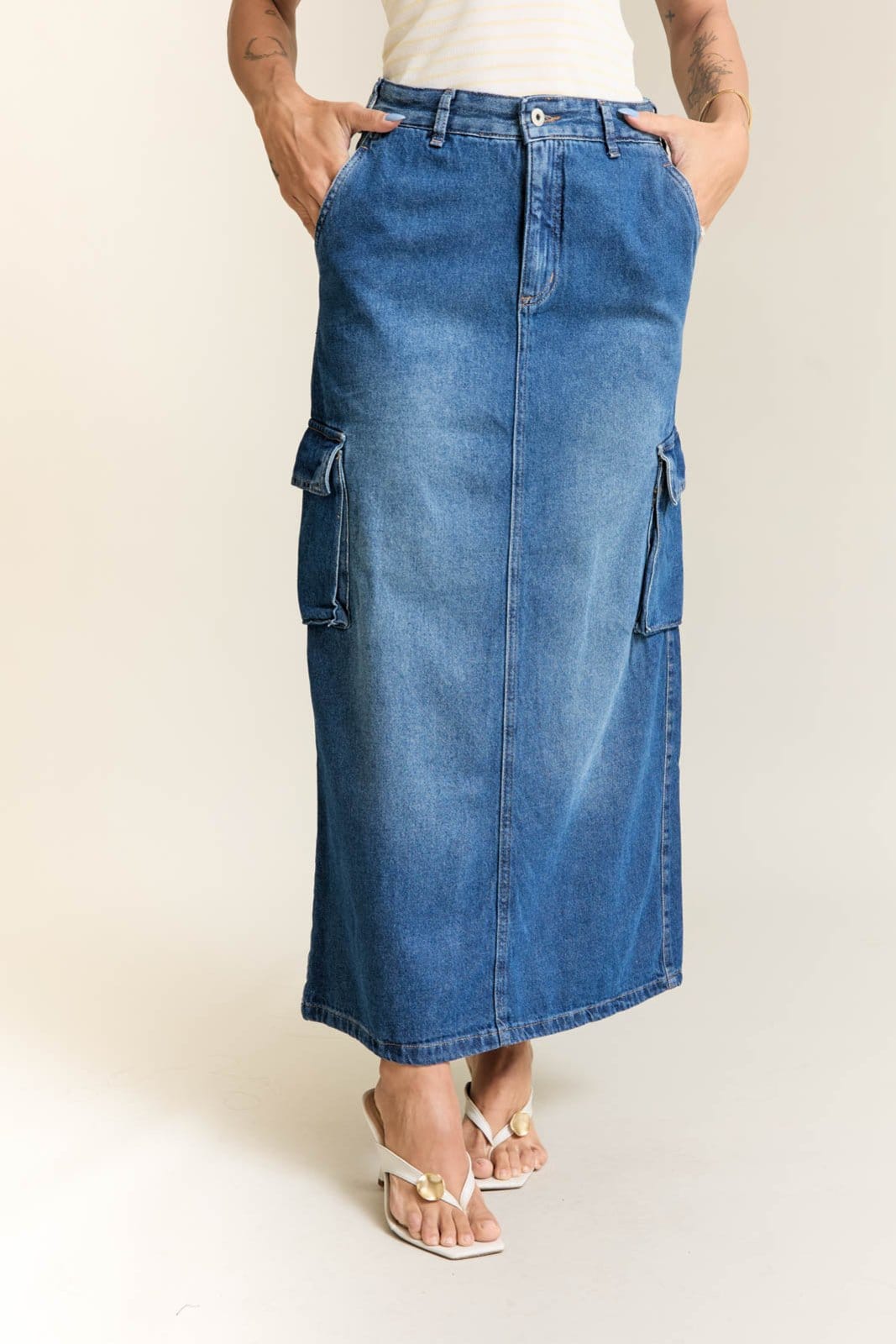 Saia Jeans Cargo Longa Feminina Lemier Collection