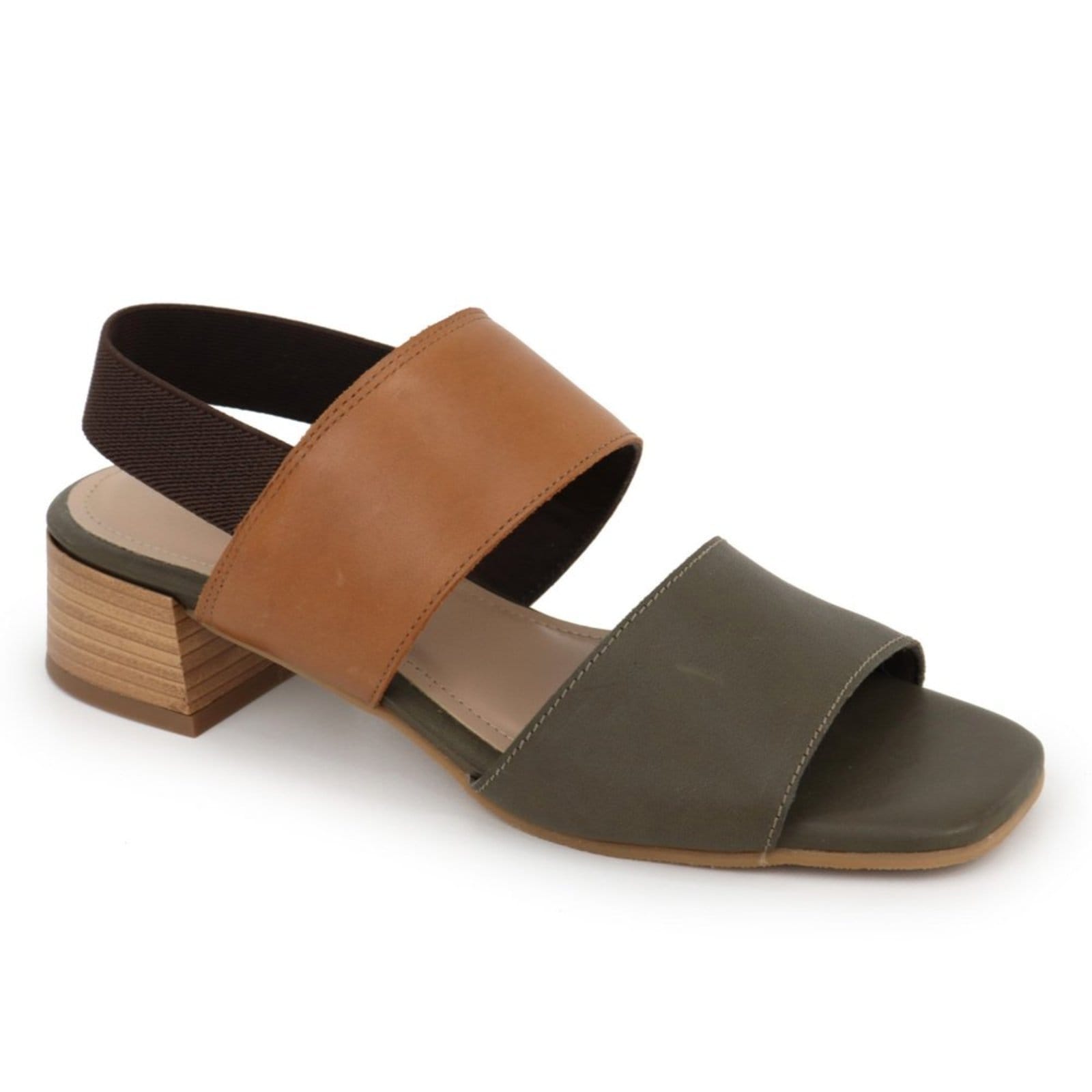 Vista 2 Sandália Salto Baixo Em Couro Calce Fácil Classica Maria Paula Musgo+Camel MARIA PAULA caramelo