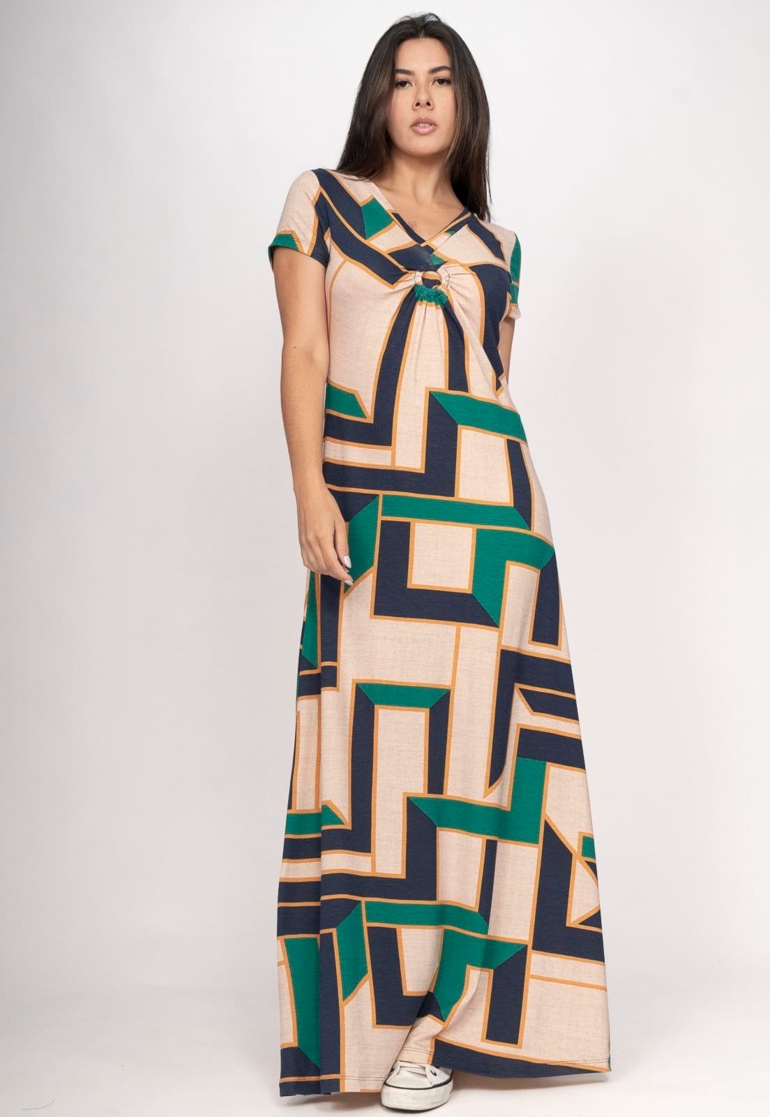 Vista 2 Vestido CabanaFree Coema Longo Malha Detalhe no Busto Chapada de Areia Cabanafree estampado