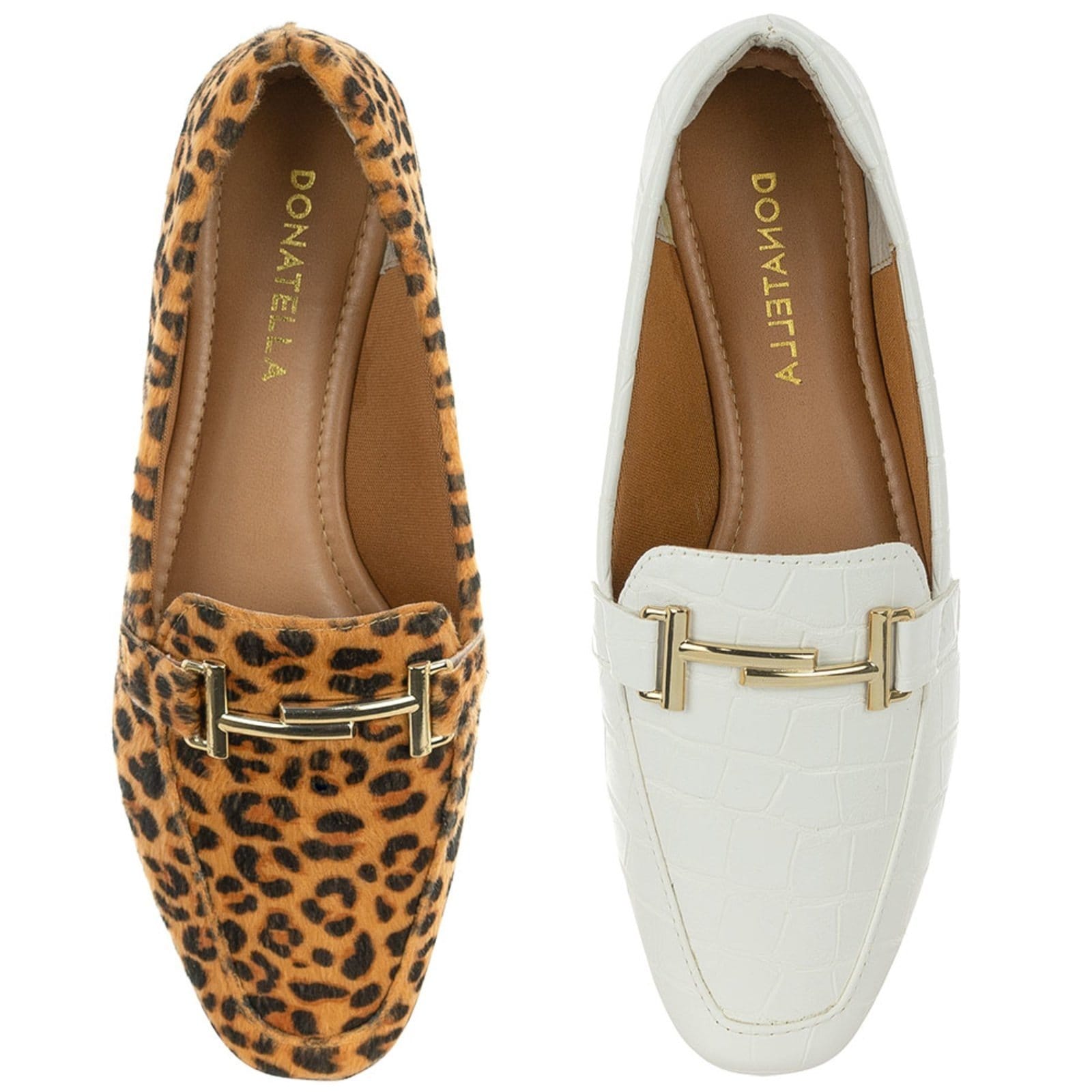 Kit 2 Pares Sapato Feminino Mocassim Donatella Shoes Bico Quadrado Confort Croco e Onça