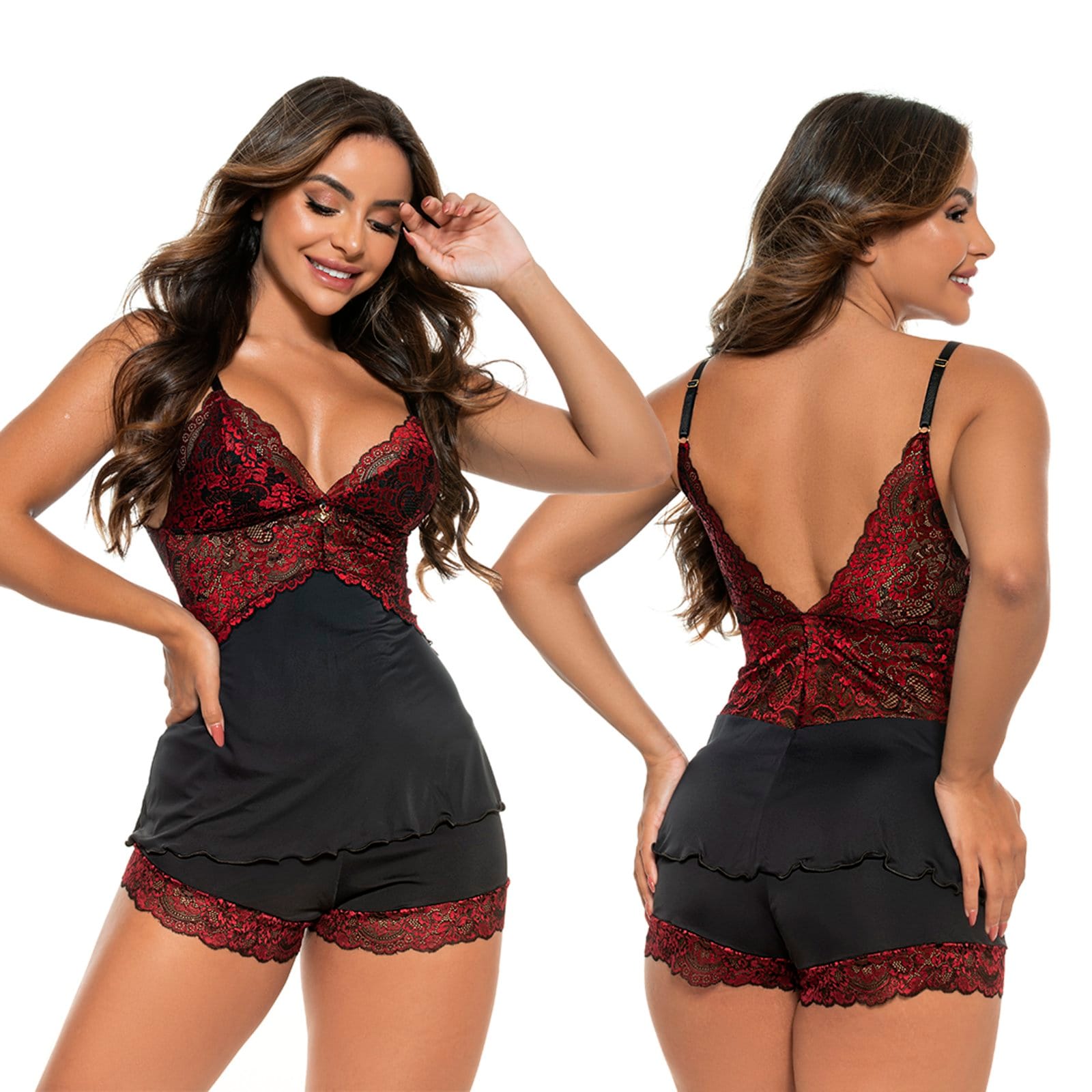 Vista 2 Kit 2 Baby Dolls Gabi Lingerie Poliamida Sem Bojo Short Renda Pijama Sexy Curto Gabi Lingerie multicolorido