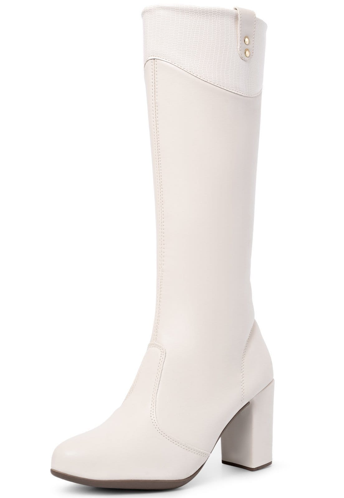 Bota Feminina Cano Longo Lumiss Salto Bloco Grosso Confortável Moda Blogueira Off White