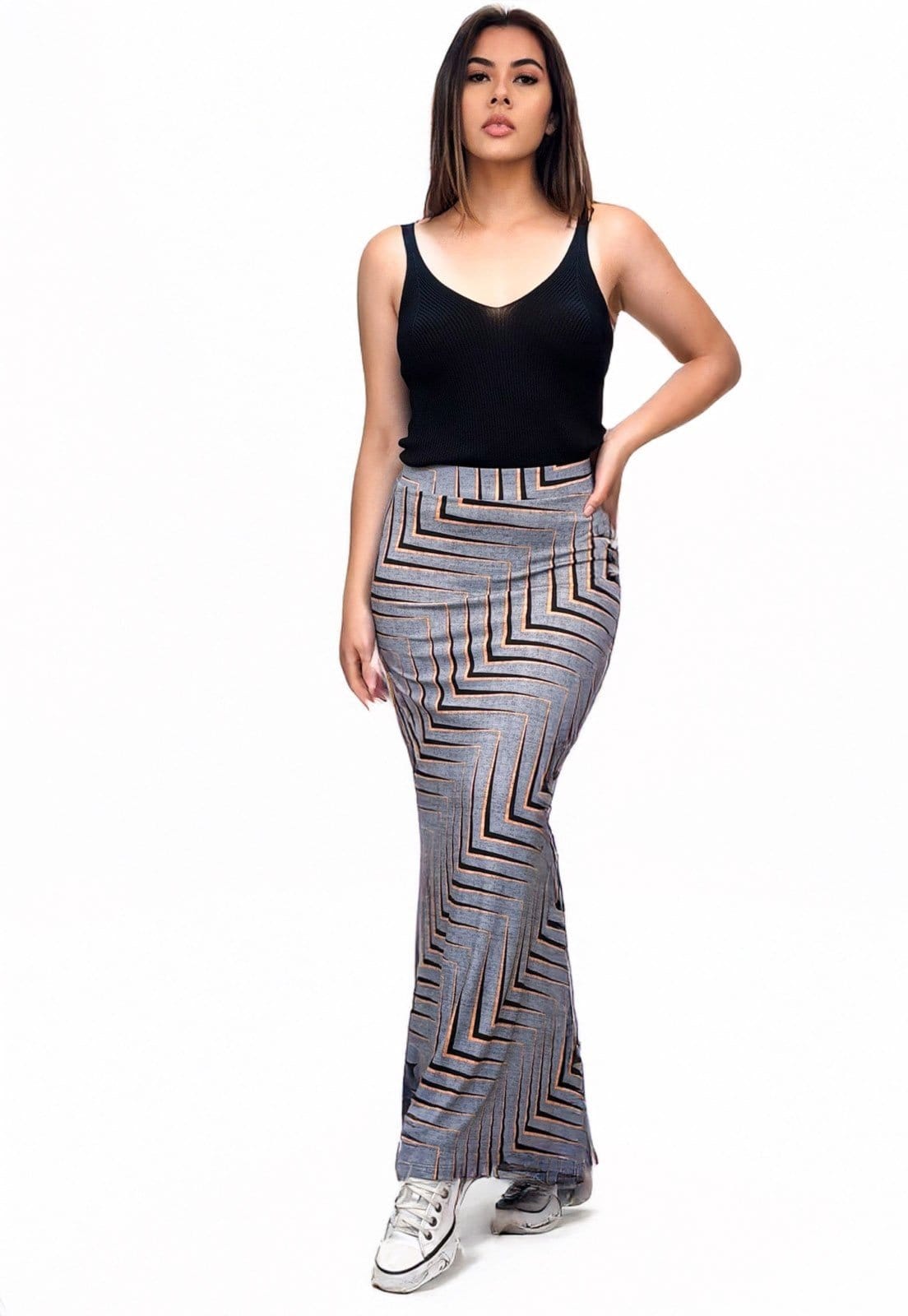 Vista 2 Saia Cabanafree Longa Malha Sereia Estampa Murici Cabanafree cinza/estampado