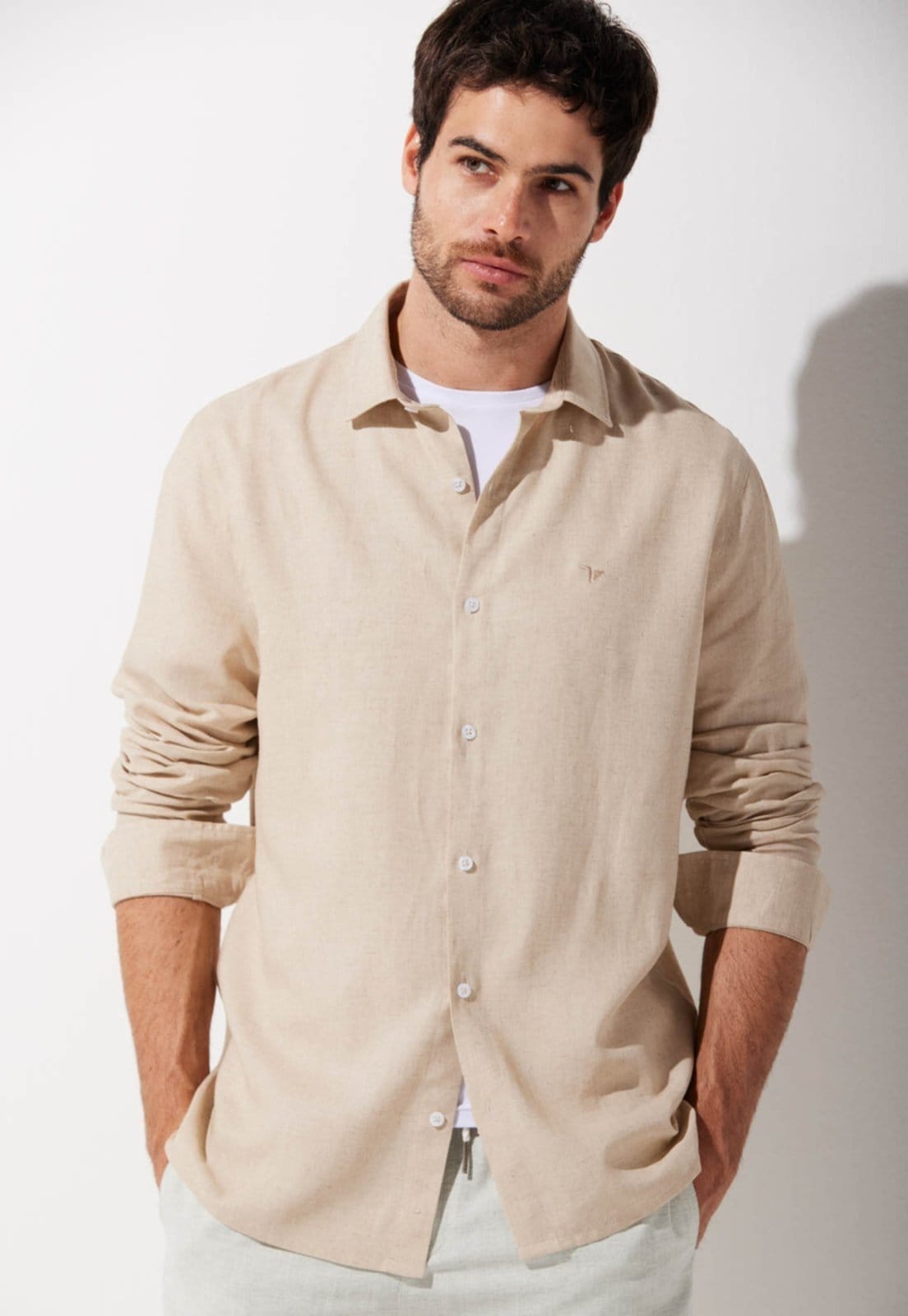 Camisa Linho Traymon Slim Manga Longa Natural