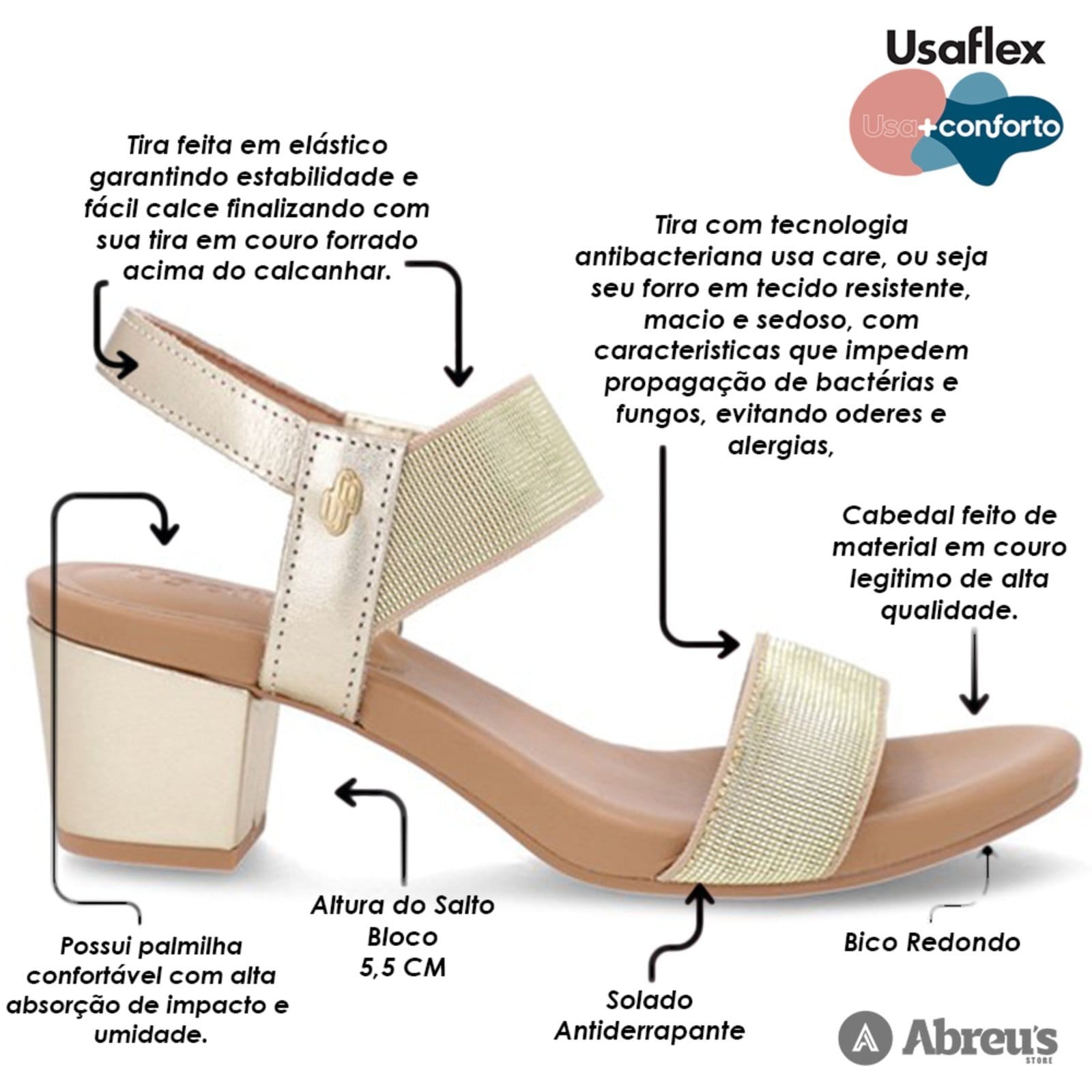 Vista 2 Sandália Salto Bloco Usaflex Elástico Y8204 Conforto Ouro Light Usaflex multicolorido