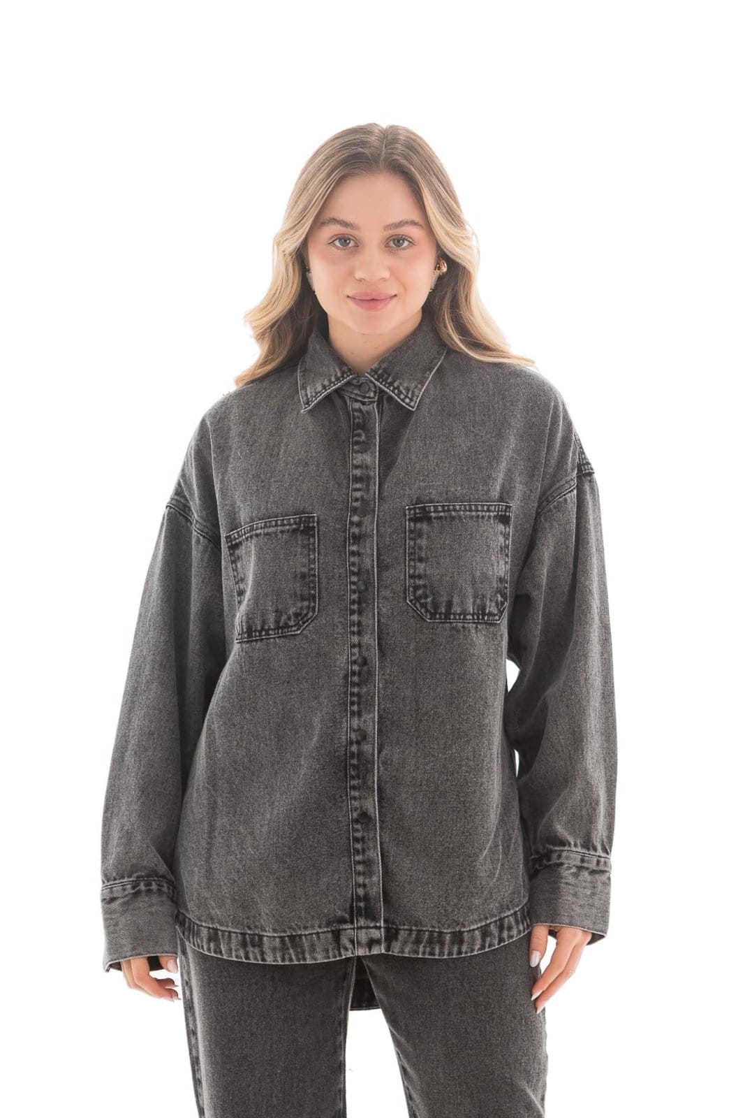 Camisa Jeans Feminina Arauto Oversized Black Marmorizado