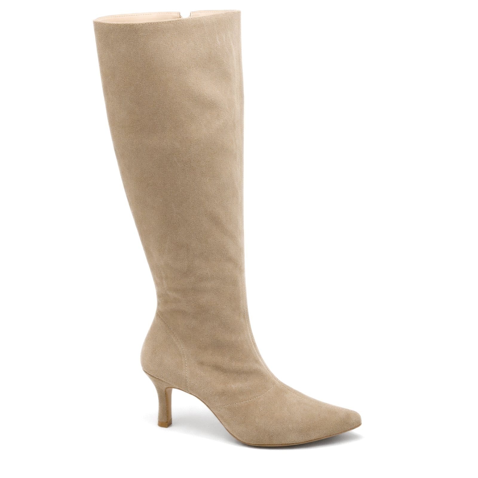 Bota Feminina Cano Longo Salto Fino Baixo 17005 Camurça Areia Fashion Inverno