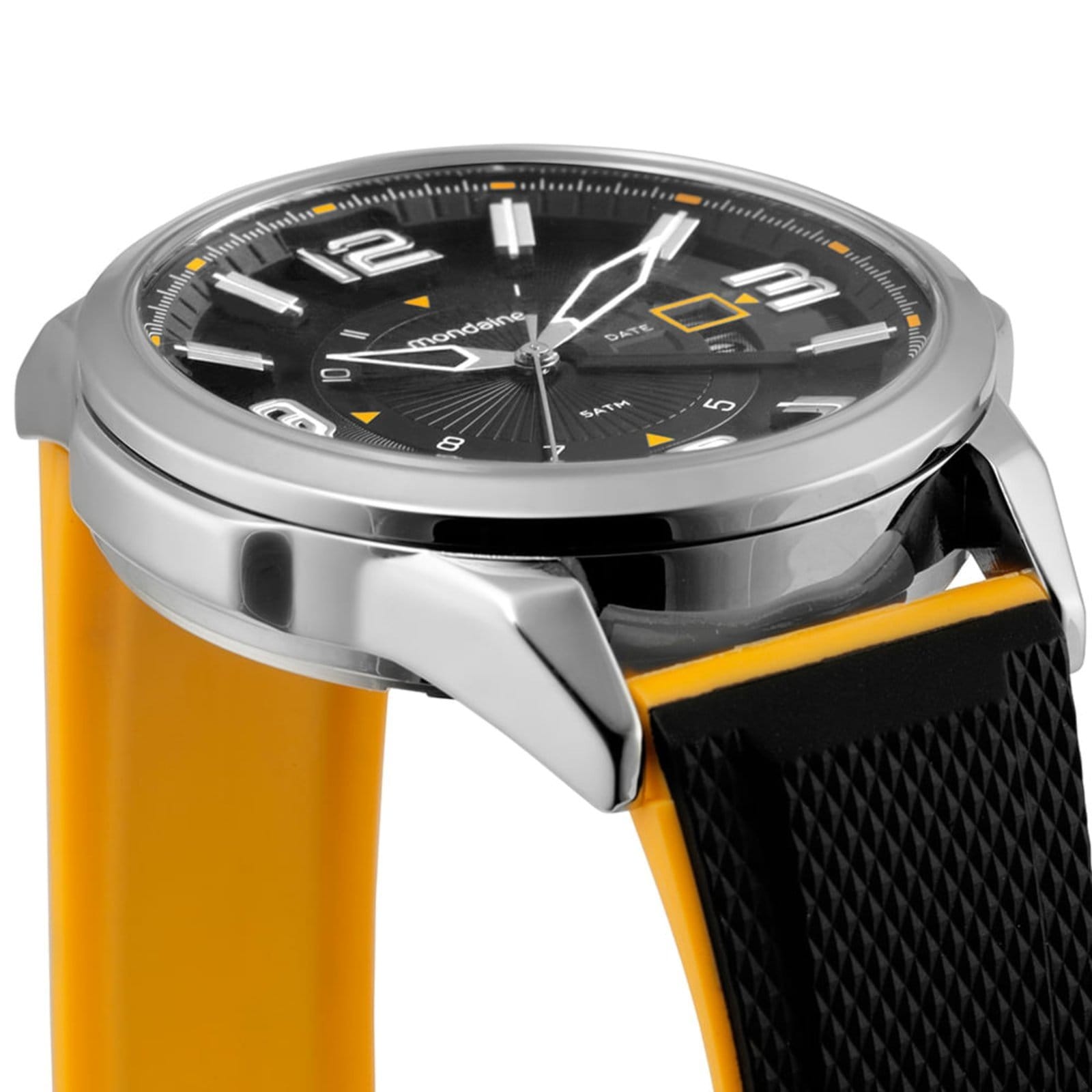 Vista 2 Relógio Masculino Mostrador em 3D Calendario Cromado Mondaine preto