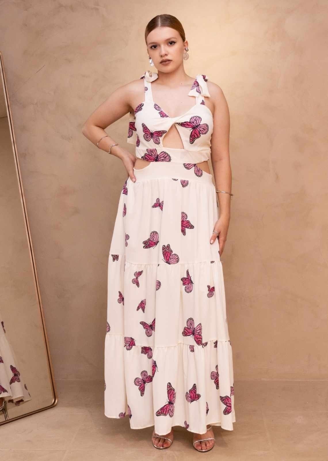 Vestido Longuete Estampa Borboleta Lenys Cia do Vestido Branco