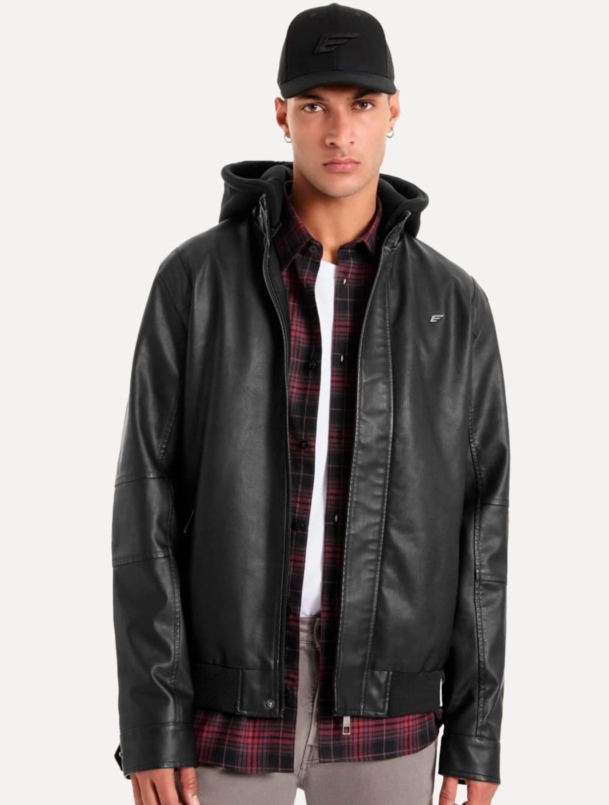 Jaqueta Ellus Masculina Vegan Couro Bomber Hoodie Preta