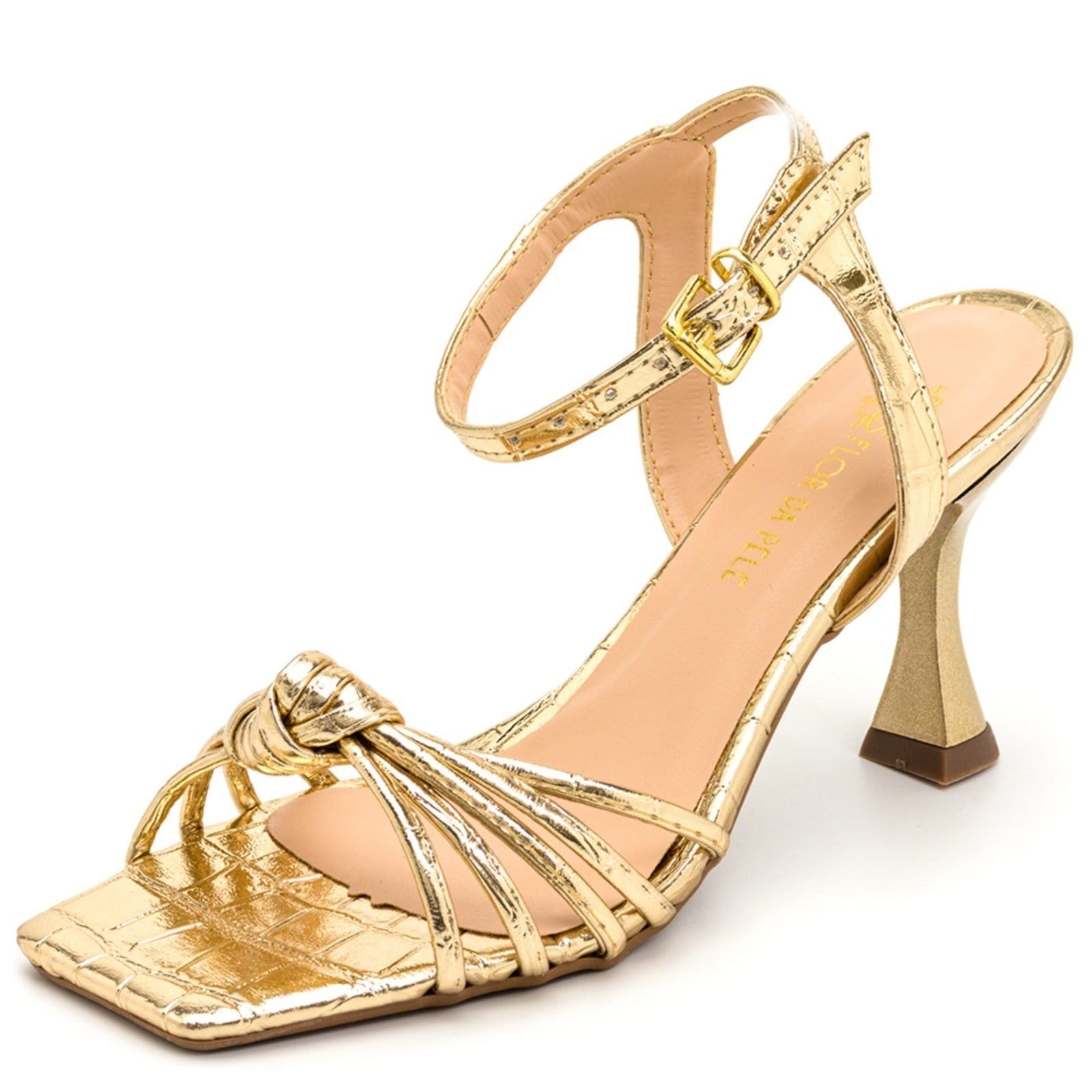 Vista 2 Sandália Feminina Salto Taça Craquelê Lançamento Sete Sales dourado