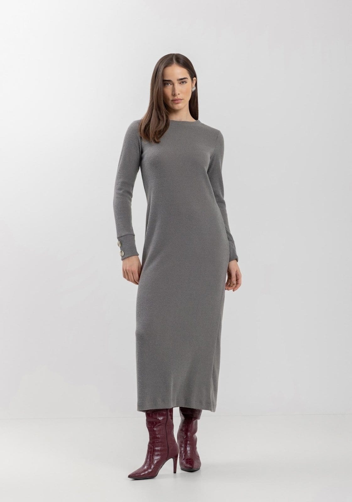 Vestido Lez a Lez Midi Chá De Mangas Longas Em Malha Canelada