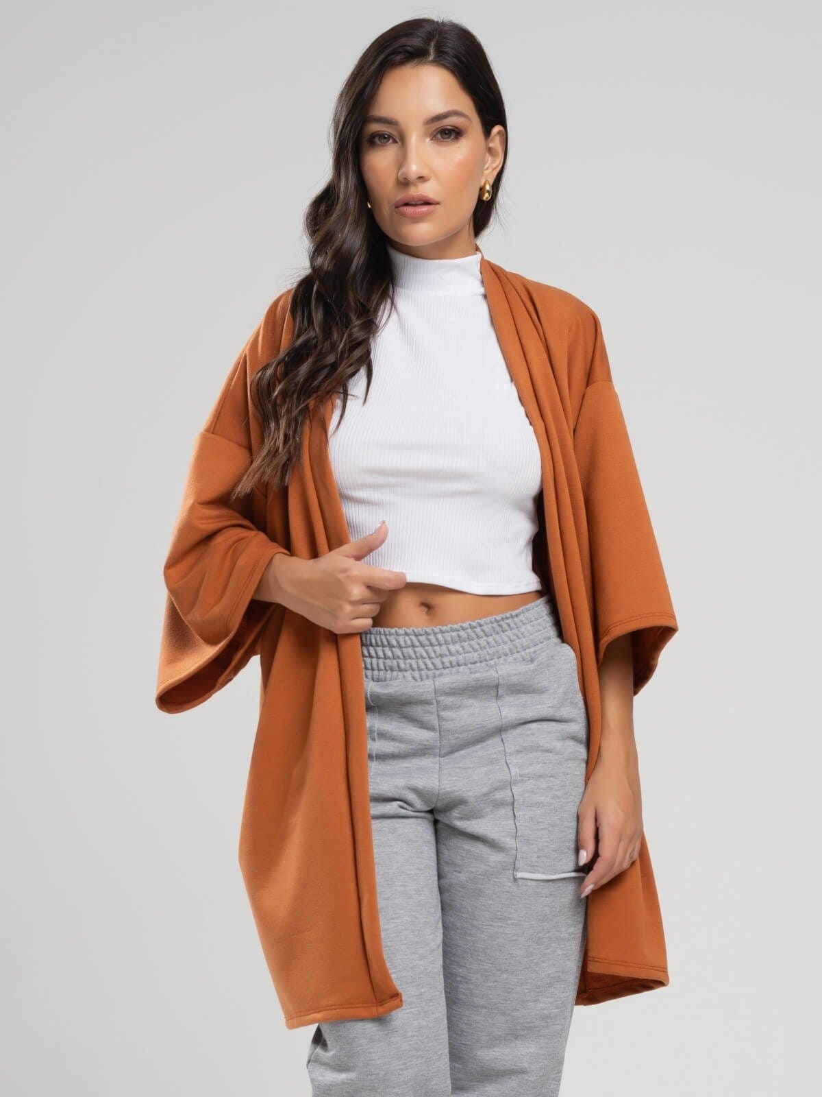 Casaco Kimono Overzide Moletinho Manga Longa Feminino Moda Casual Vicbela Terracota