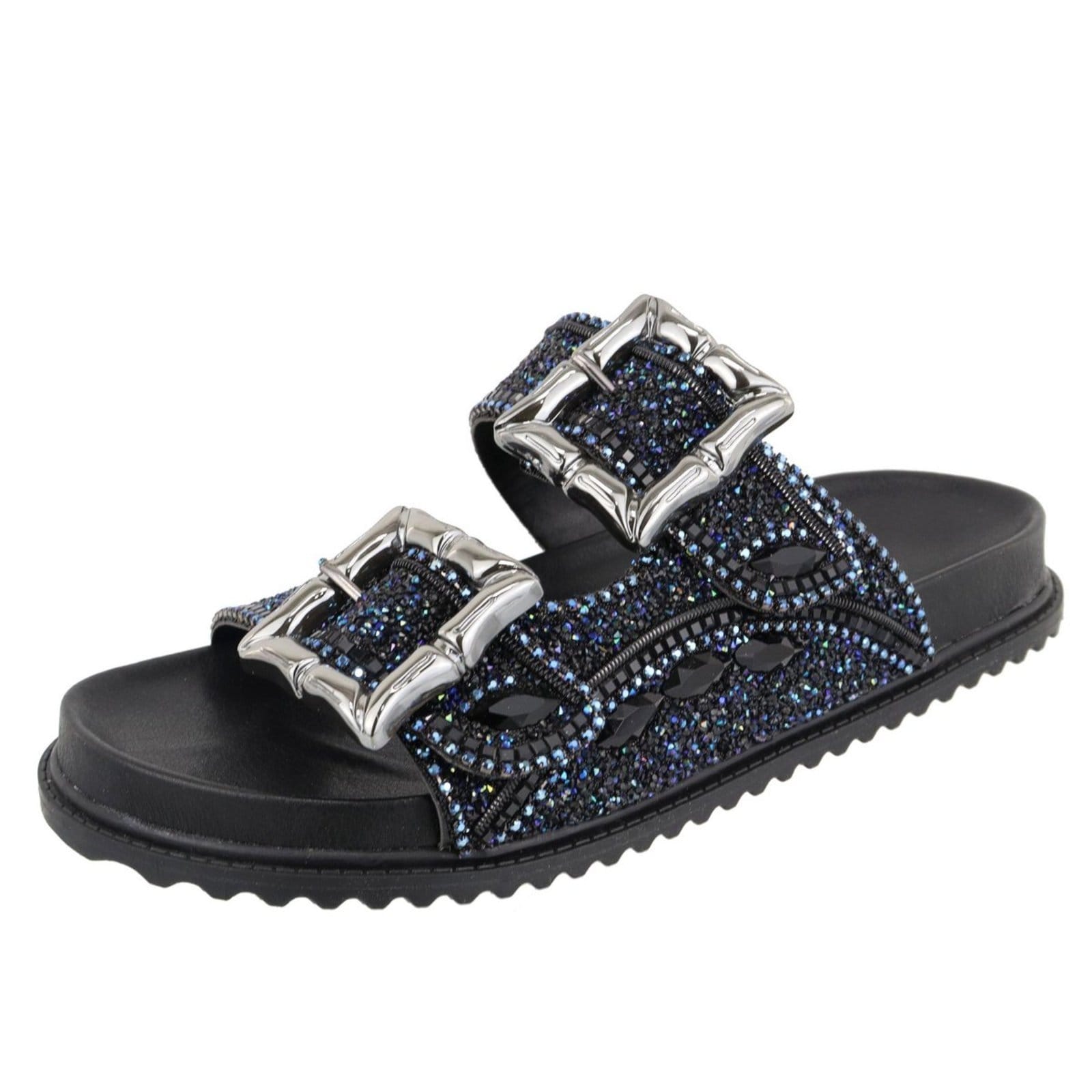 Papete Rasteira Feminina Paula B Em Pedraria Feita A Mão Com Brilhos Strass Miçangas E Fivela Pamilha Confort