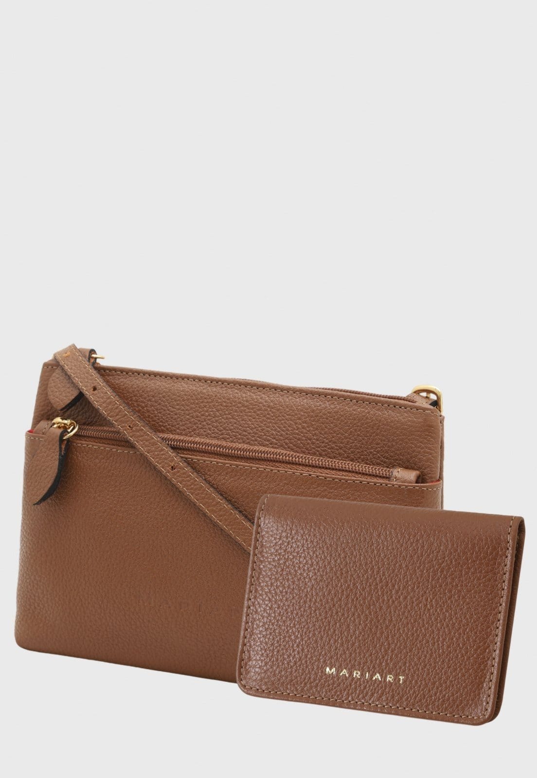 Kit Bolsa Transversal e Carteira de Couro Mariart Ágata + 674 Camel