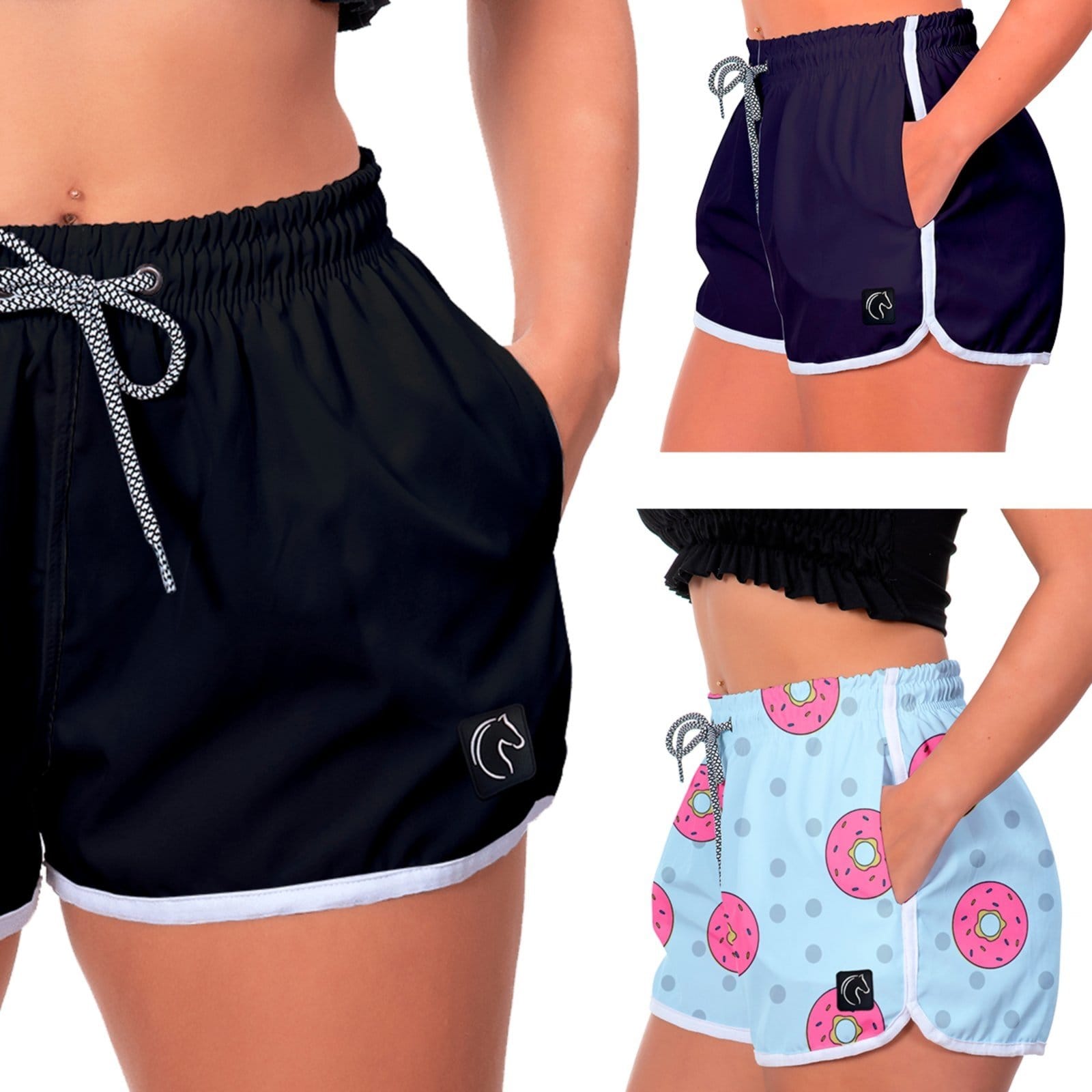 Kit 3 Shorts Feminino Premium Secagem Rápida com Elástico Cordão Ajustável e Bolsos Moda Praia Casual ou Treino Academia Marinho e Rosquinhas