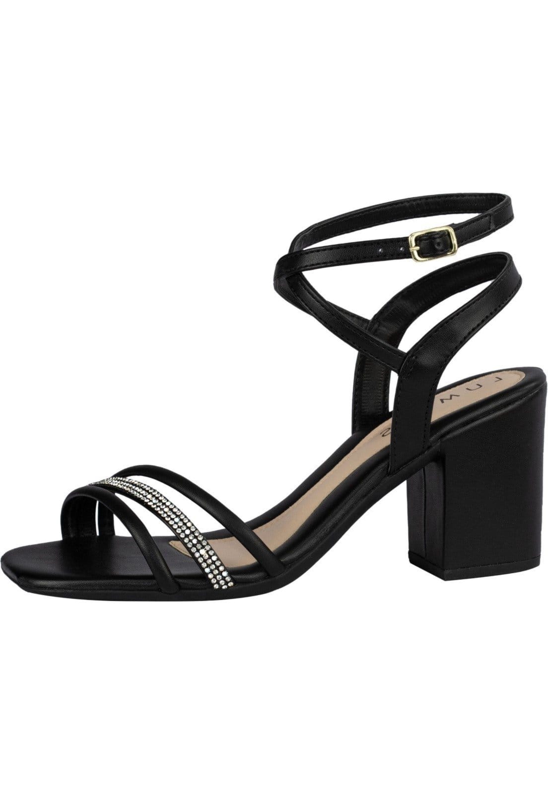 Sandália Feminina Tiras Strass Brilho Lumiss Salto Grosso Confortável