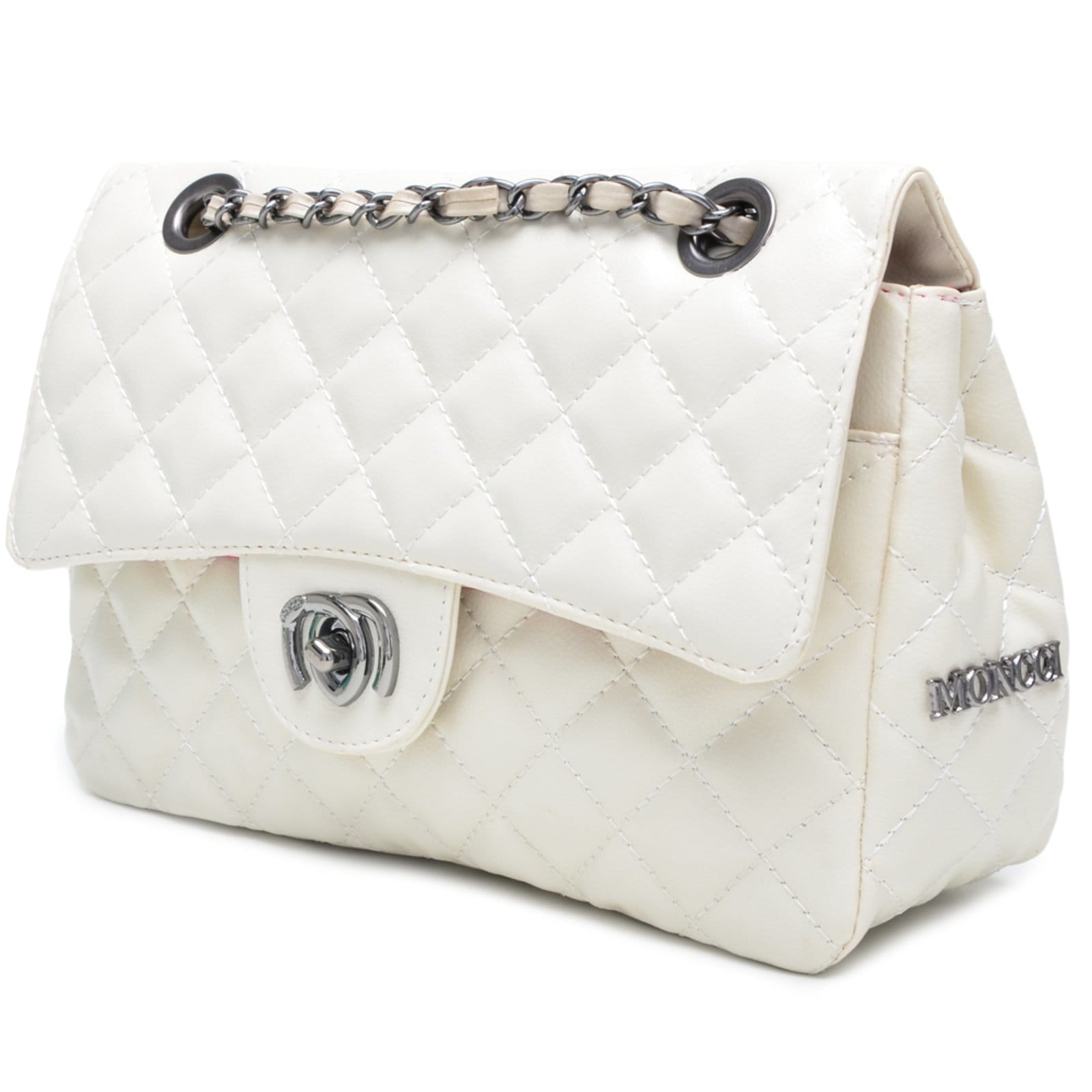 Vista 2 Bolsa Feminina Média Bordada Matelassê Alça de Corrente Moncci Mônaco Off White MONCCI branco white