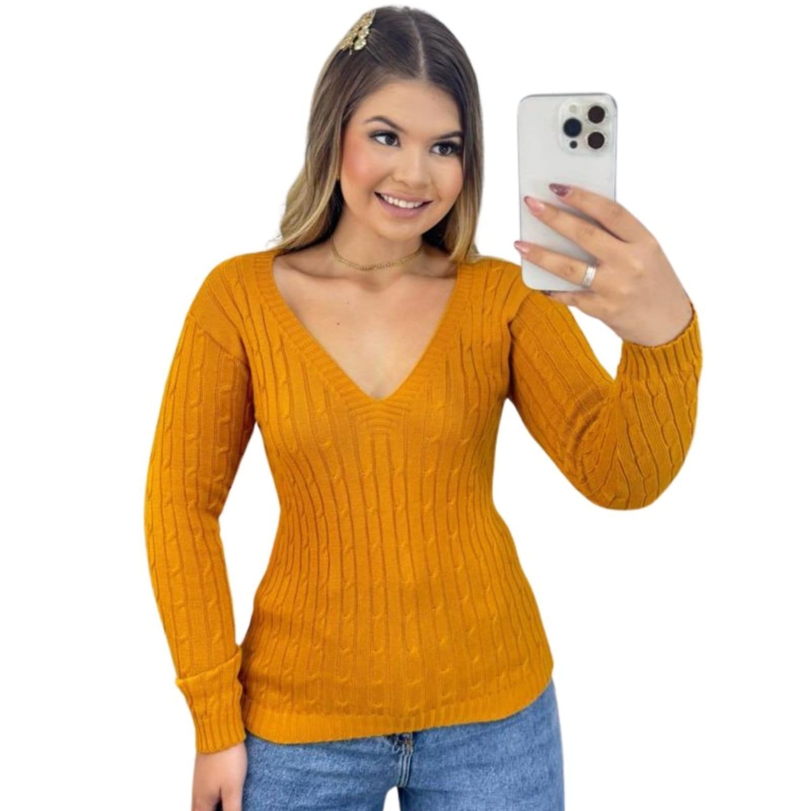 Blusa Feminino FMF Suéter de Tricô Mostarda Manga Longa