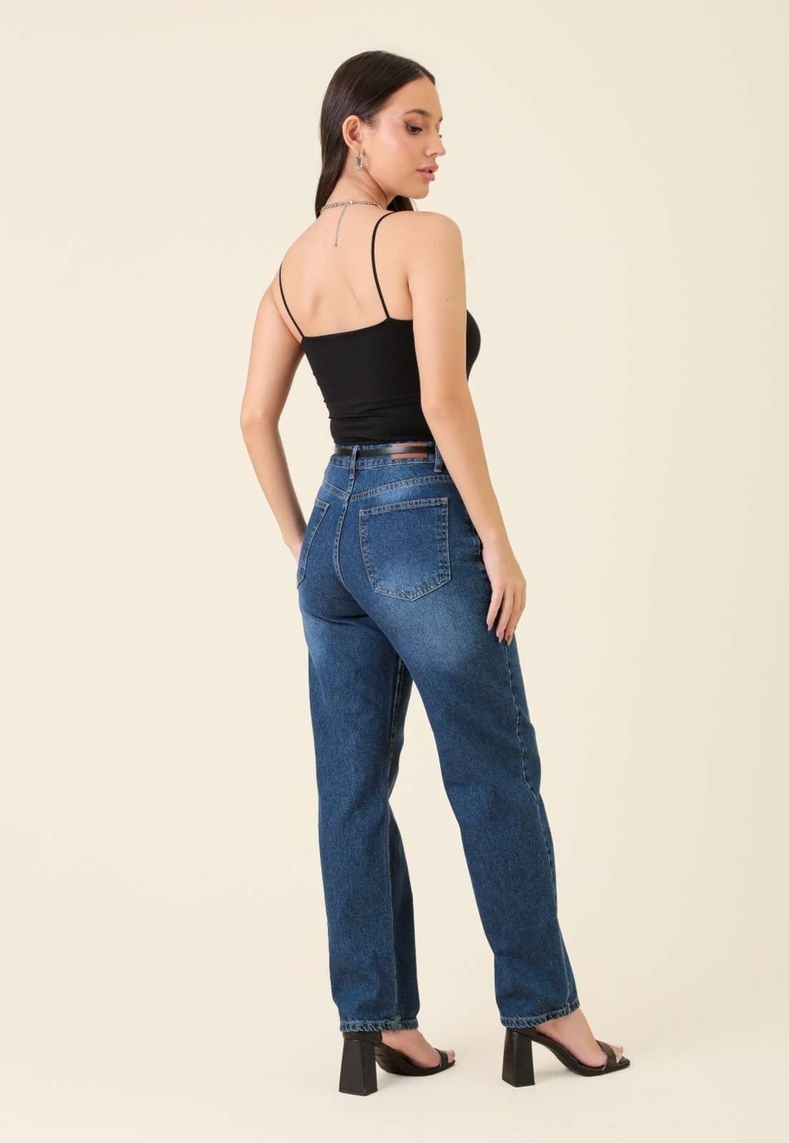Vista 2 Calça Pop Me Mom Jeans Com Cinto Escuro Pop Me azul