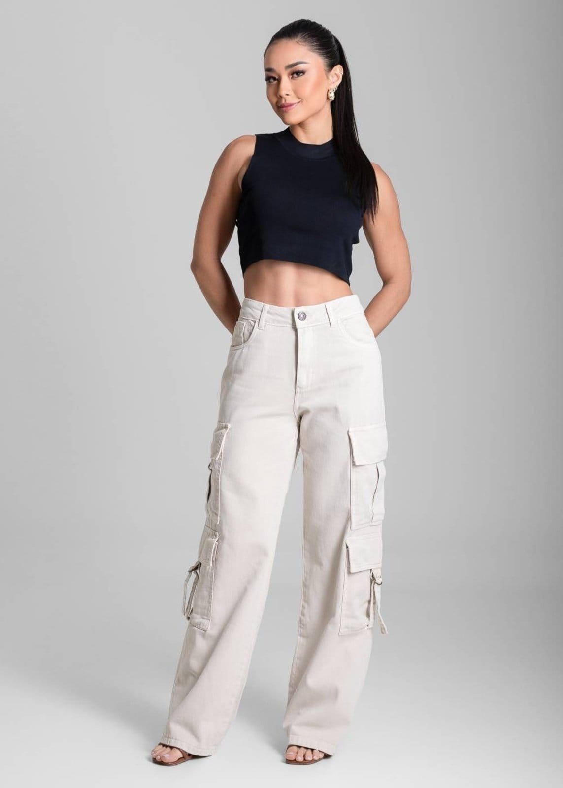 Vista 2 Calça Sarja Sawary Wide Leg - 280482 Sawary bege