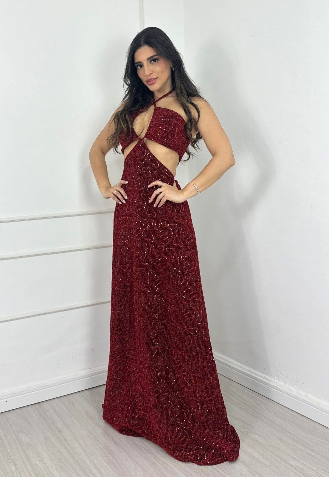 Vestido Longo Frente única Abertura Lateral Paetê Amarração Helianne