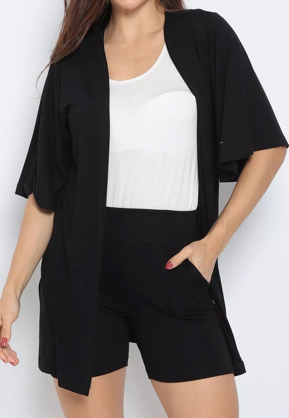 Conjunto Maria Paes Short, Kimono e Regata Preto e Off White