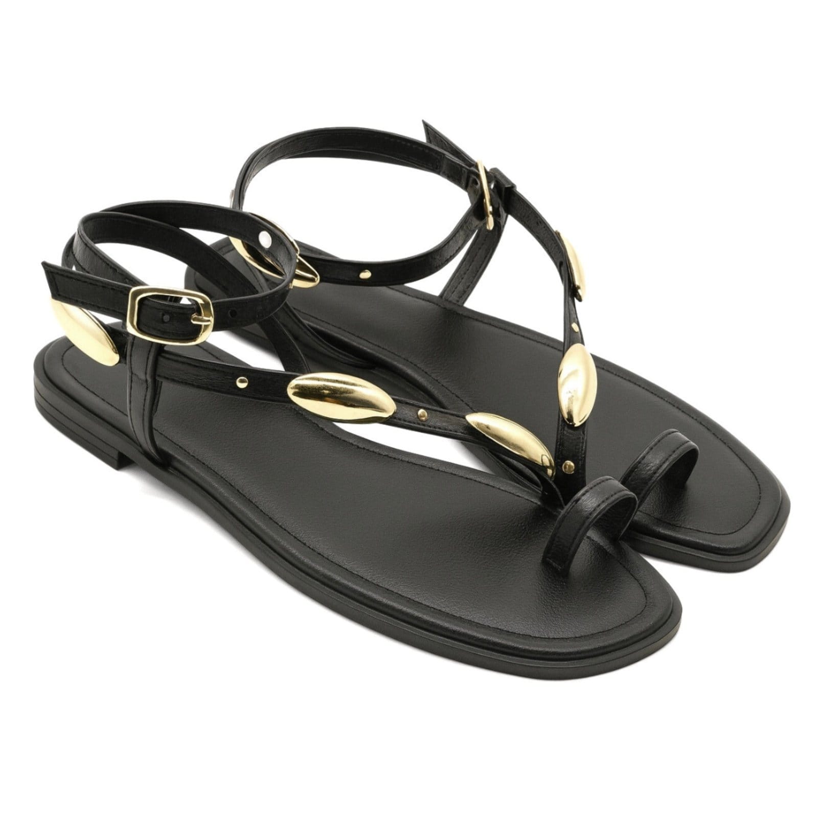 Vista 2 Rasteira Feminina Baixa Tiras Delicadas Detalhes Dourados Flor da Pele 309 Preta Flor da Pele preto